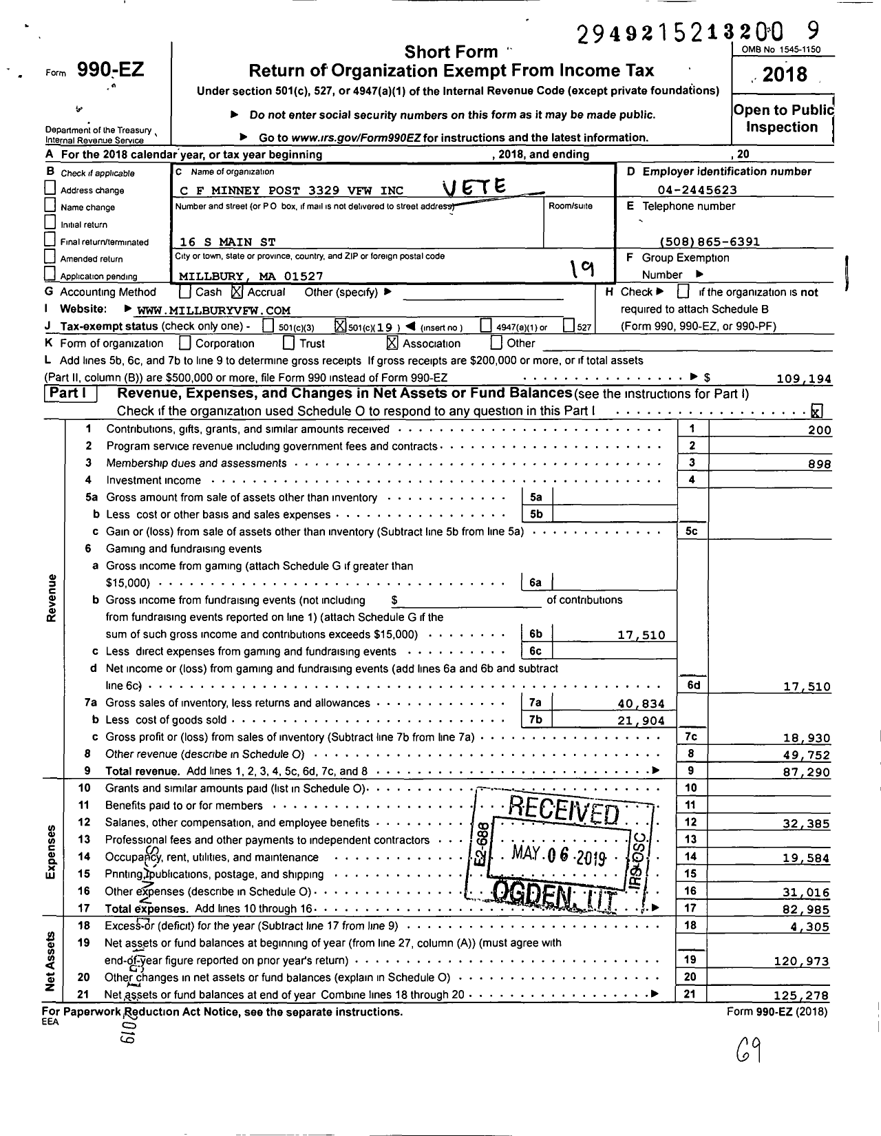 Image of first page of 2018 Form 990EO for VFW Department of Massachusetts - 3329 C F Minney Post VFW