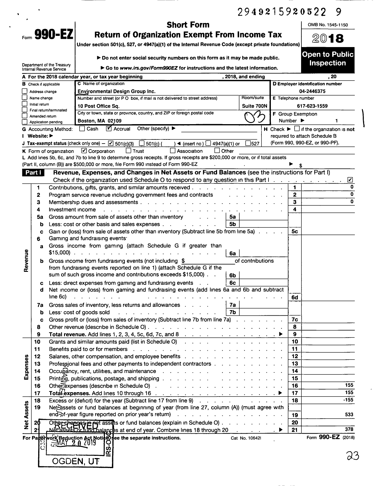 Image of first page of 2018 Form 990EZ for Environmental Design Group
