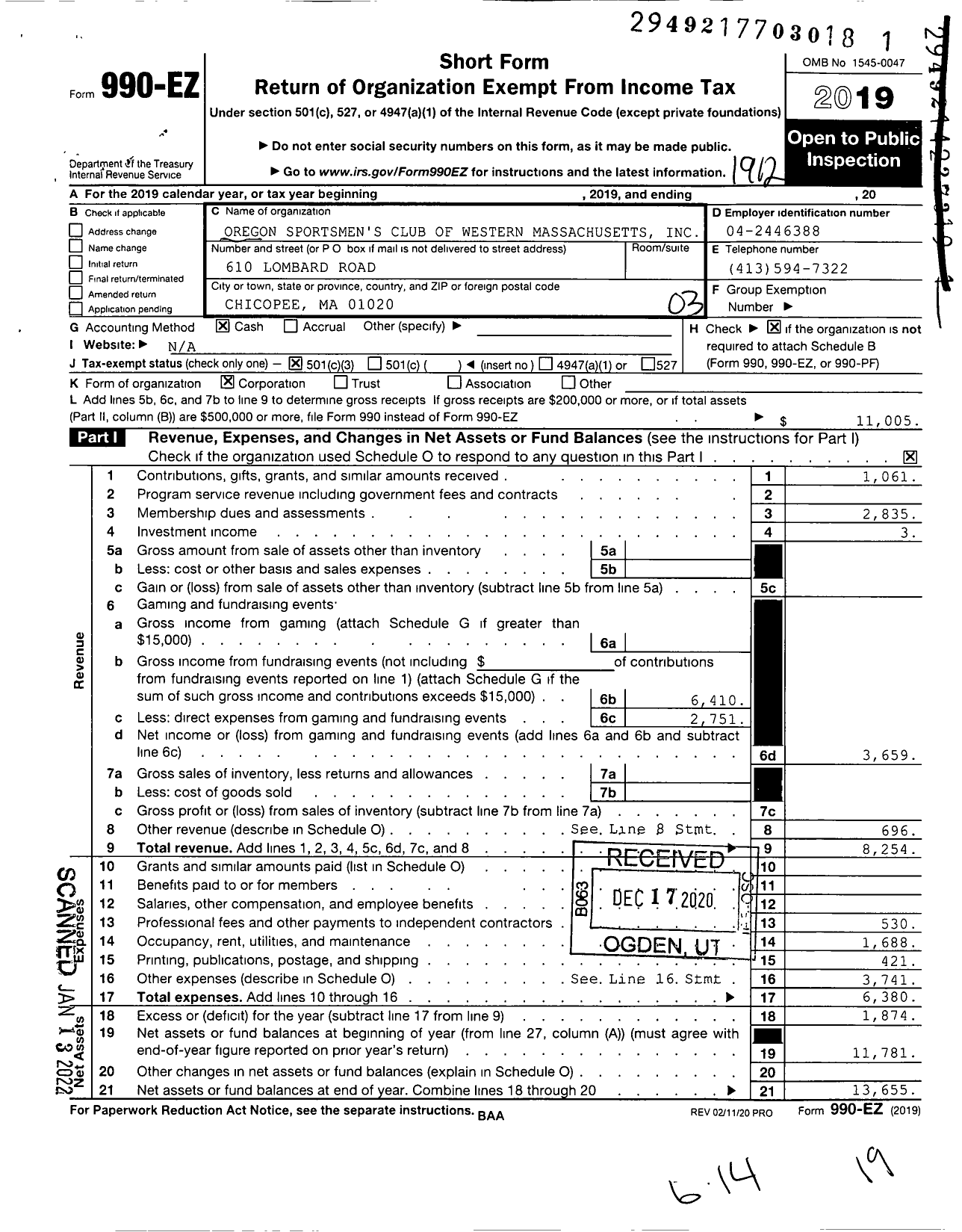 Image of first page of 2019 Form 990EZ for Oregon Sportsmen's Club of Western Massachusetts