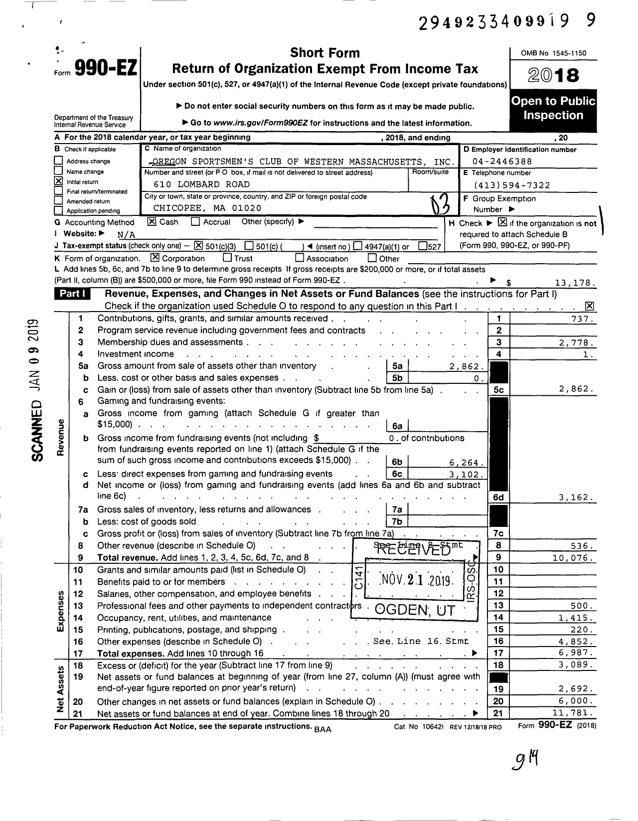 Image of first page of 2018 Form 990EZ for Oregon Sportsmen's Club of Western Massachusetts