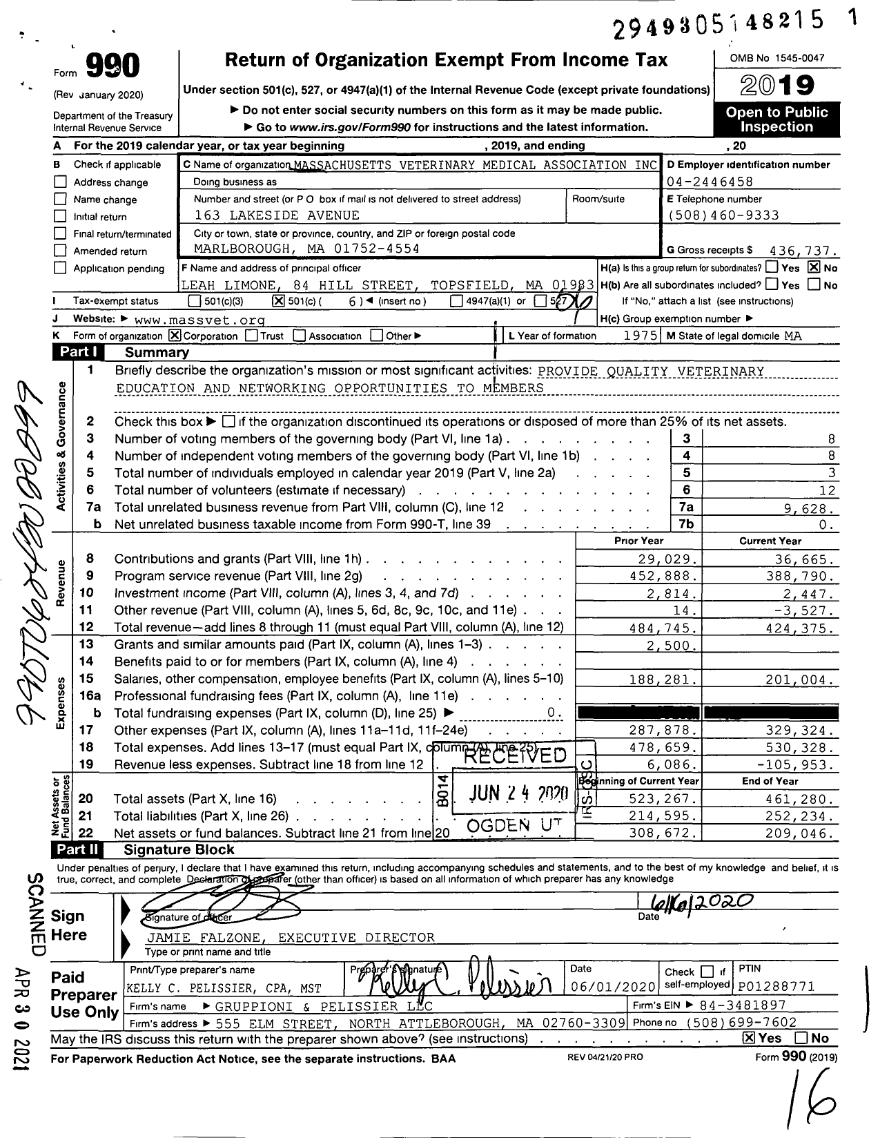 Image of first page of 2019 Form 990O for Massachusetts Veterinary Medical Association