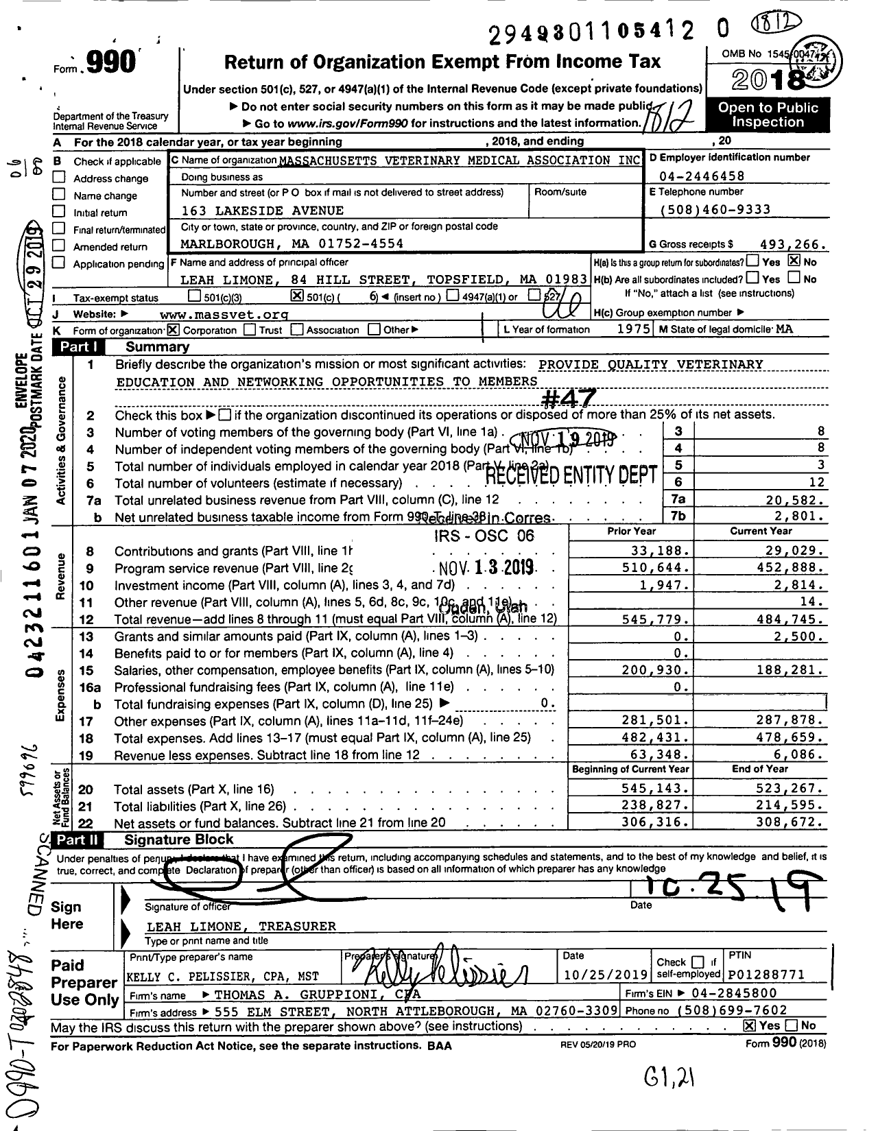 Image of first page of 2018 Form 990O for Massachusetts Veterinary Medical Association
