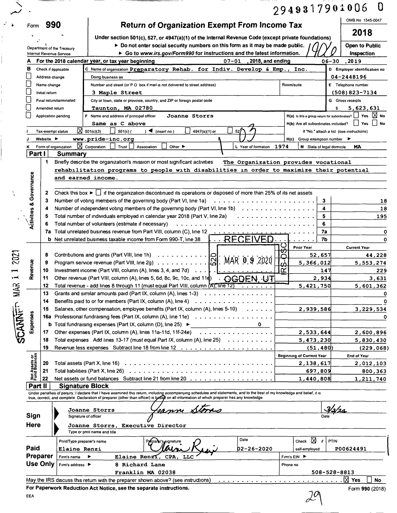 Image of first page of 2018 Form 990 for Preparatory Rehabilitation for Individual Development and Employment