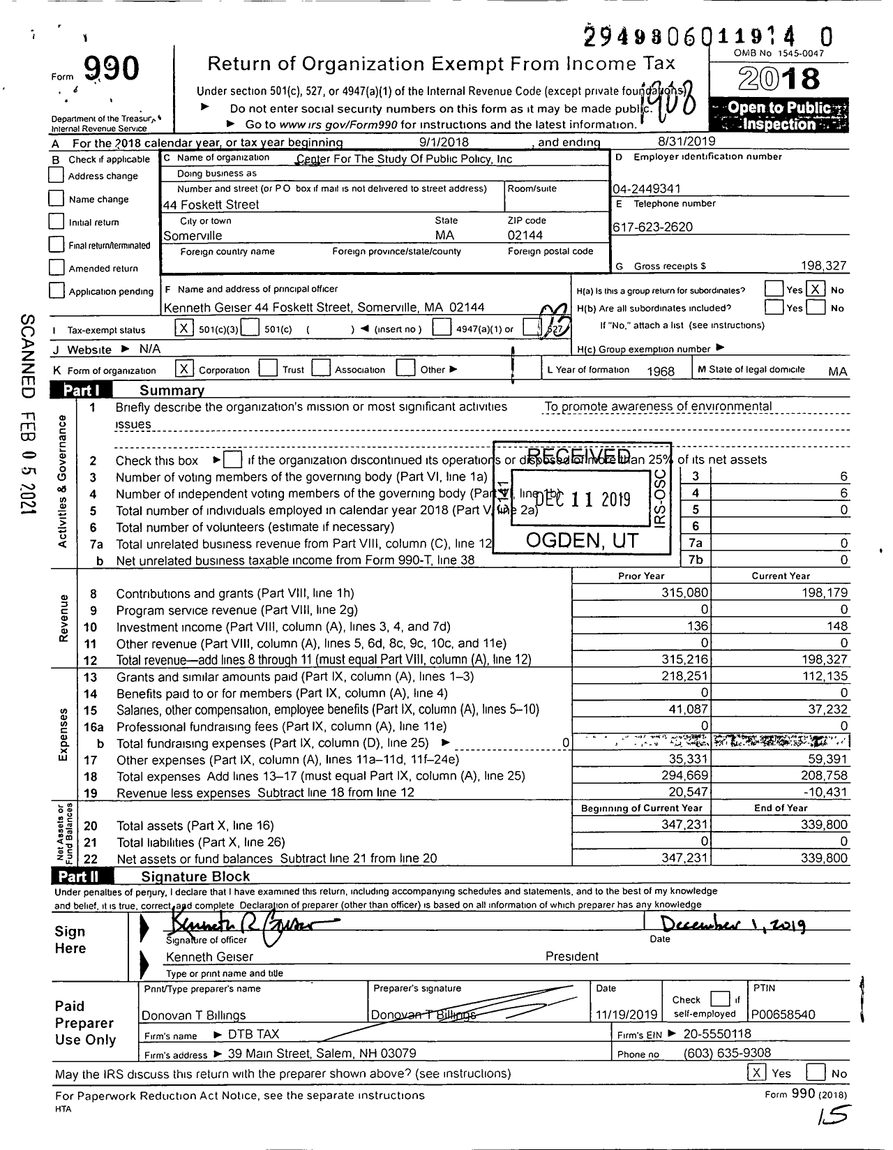 Image of first page of 2018 Form 990 for Center For The Study Of Public Policy