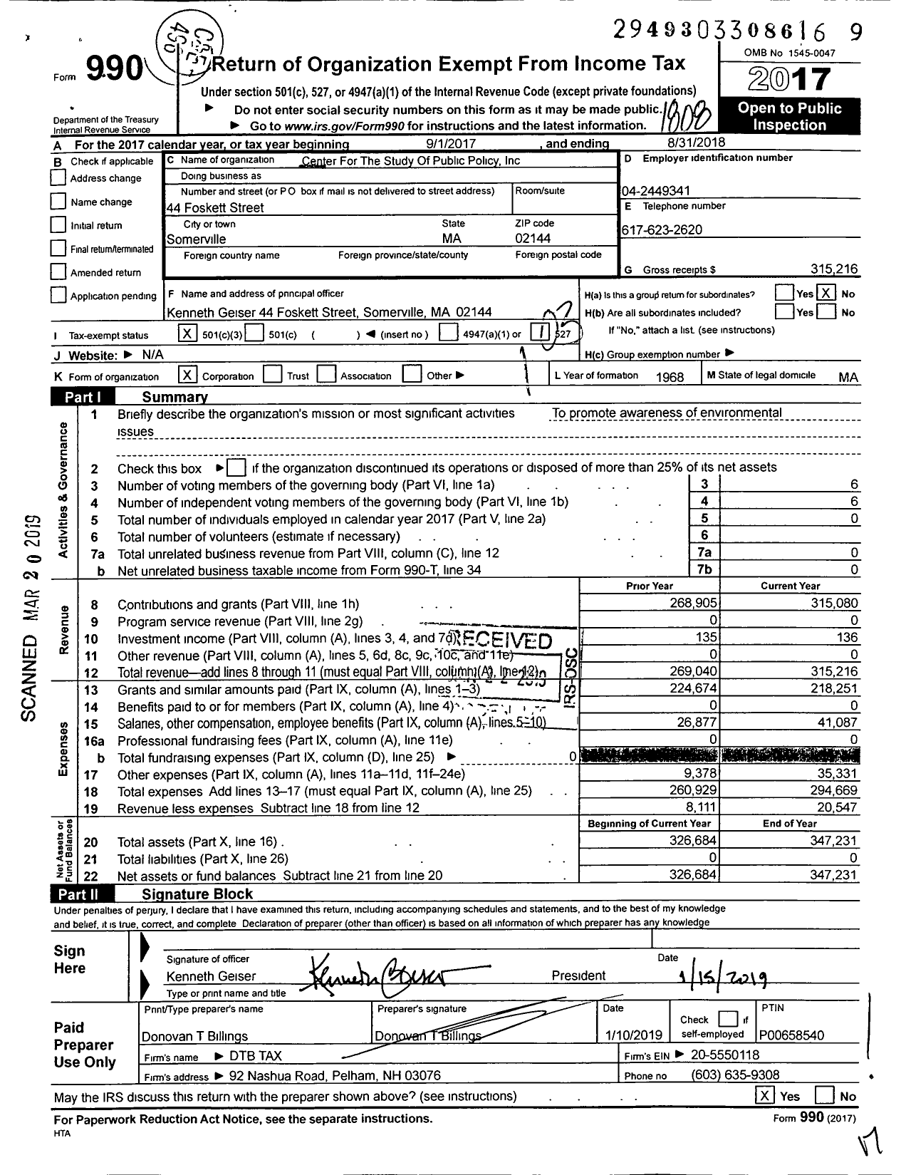 Image of first page of 2017 Form 990 for Center For The Study Of Public Policy