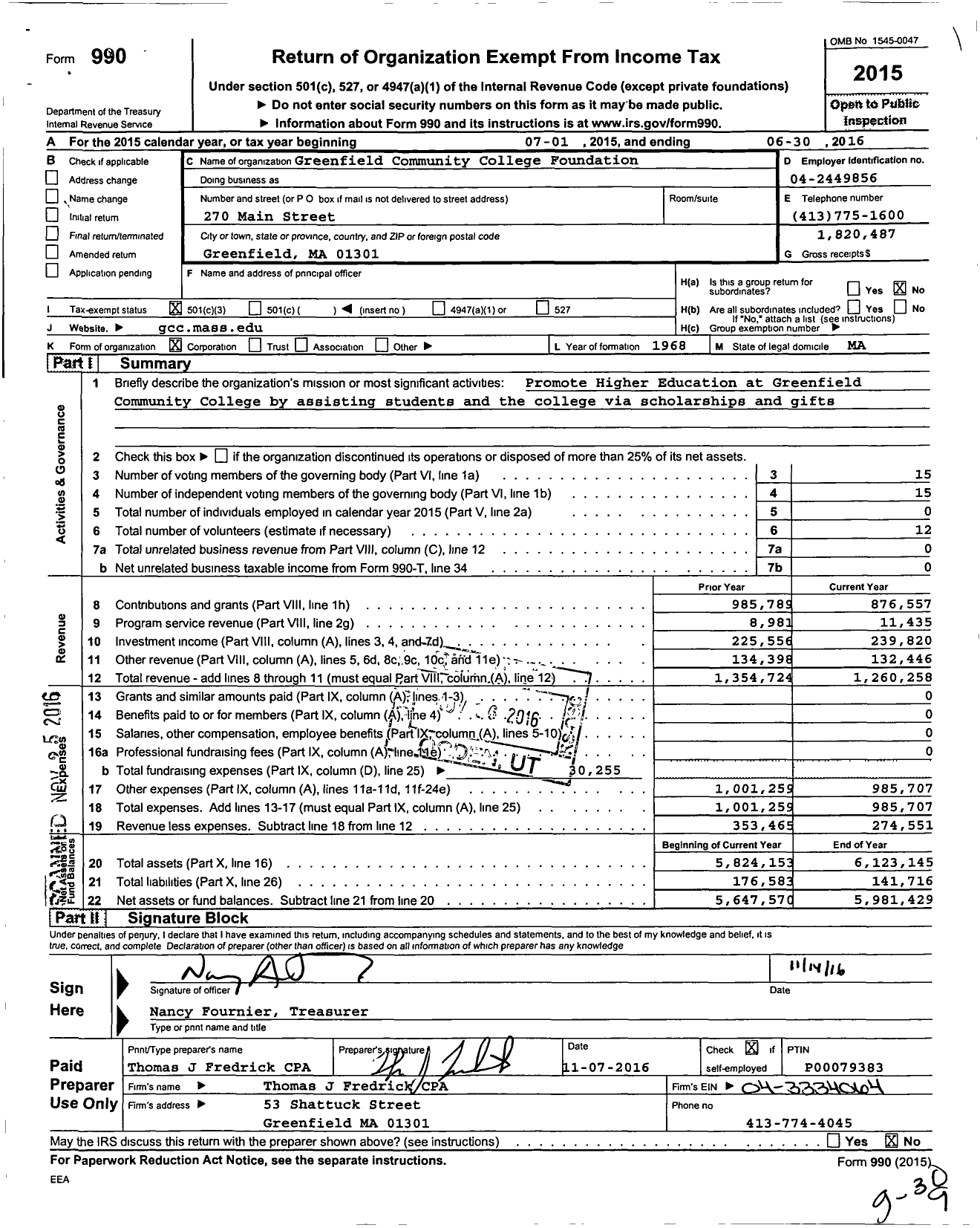 Image of first page of 2015 Form 990 for Greenfield Community College Foundation