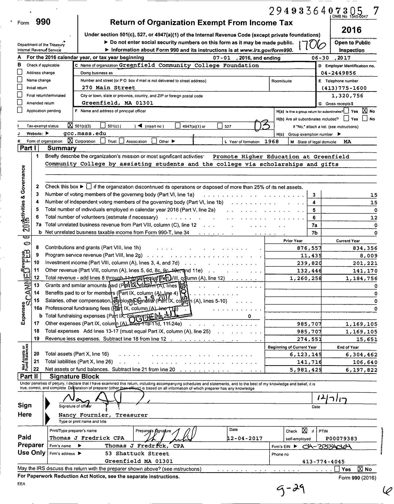 Image of first page of 2016 Form 990 for Greenfield Community College Foundation