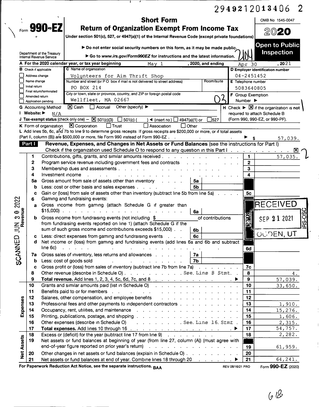 Image of first page of 2020 Form 990EZ for Volunteers for Aim I M Thrift Shop