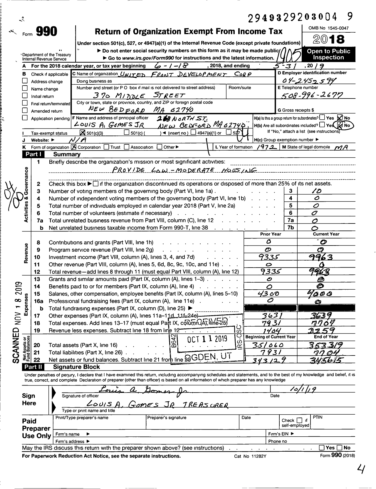 Image of first page of 2018 Form 990O for United Front Development Corporation