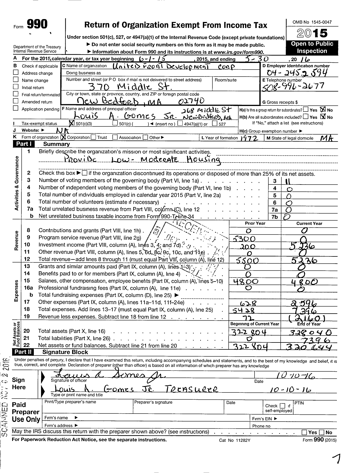 Image of first page of 2015 Form 990 for United Front Development Corporation