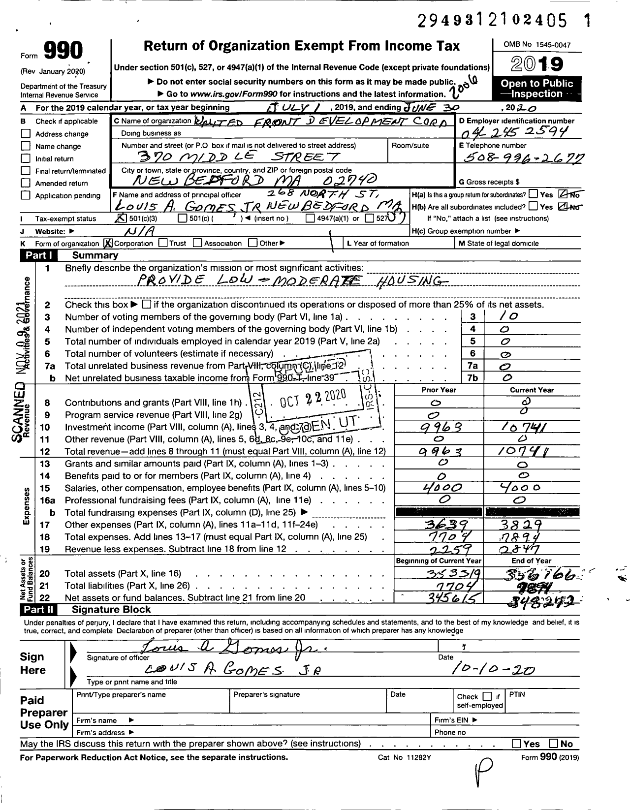 Image of first page of 2019 Form 990 for United Front Development Corporation