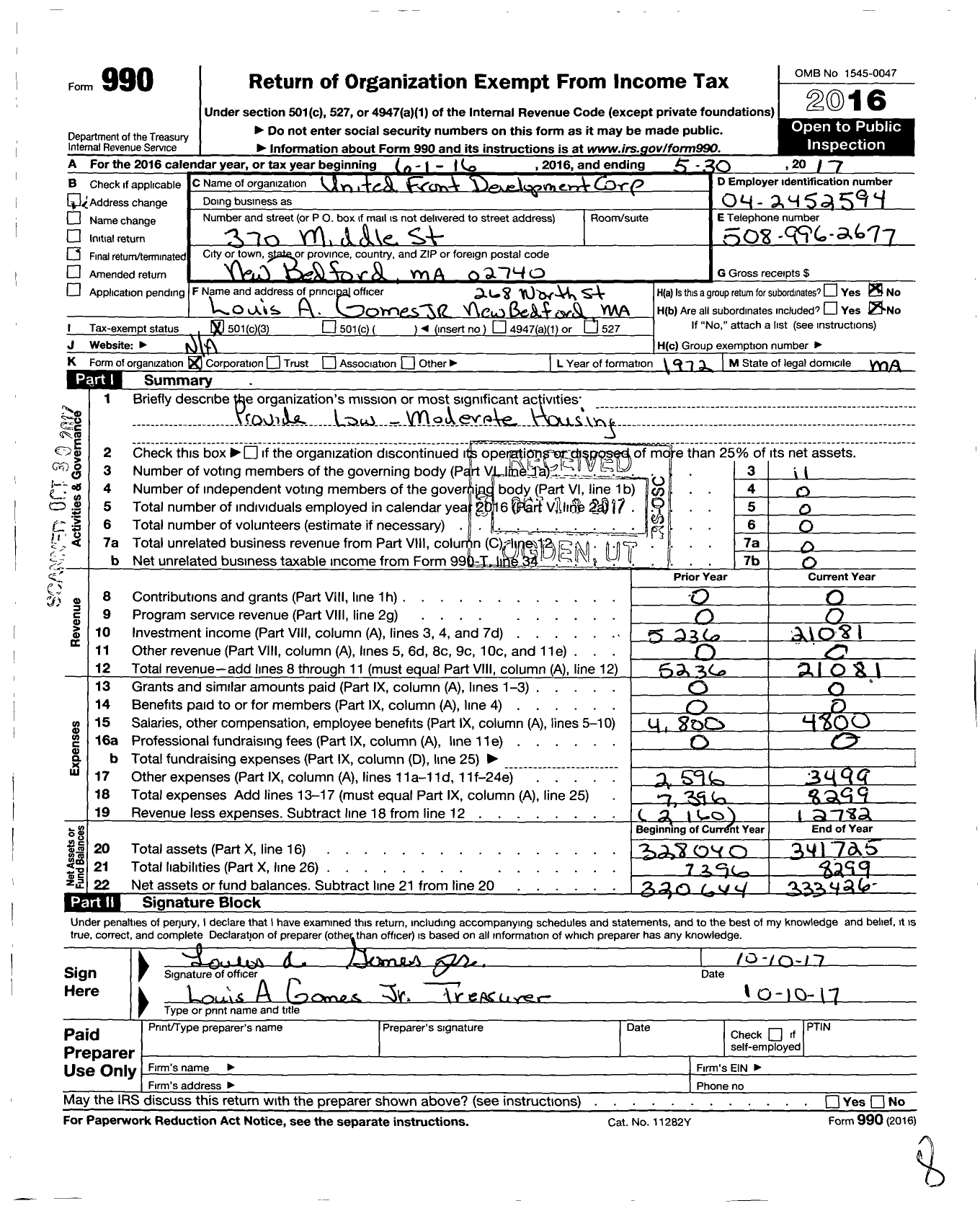 Image of first page of 2016 Form 990 for United Front Development Corporation