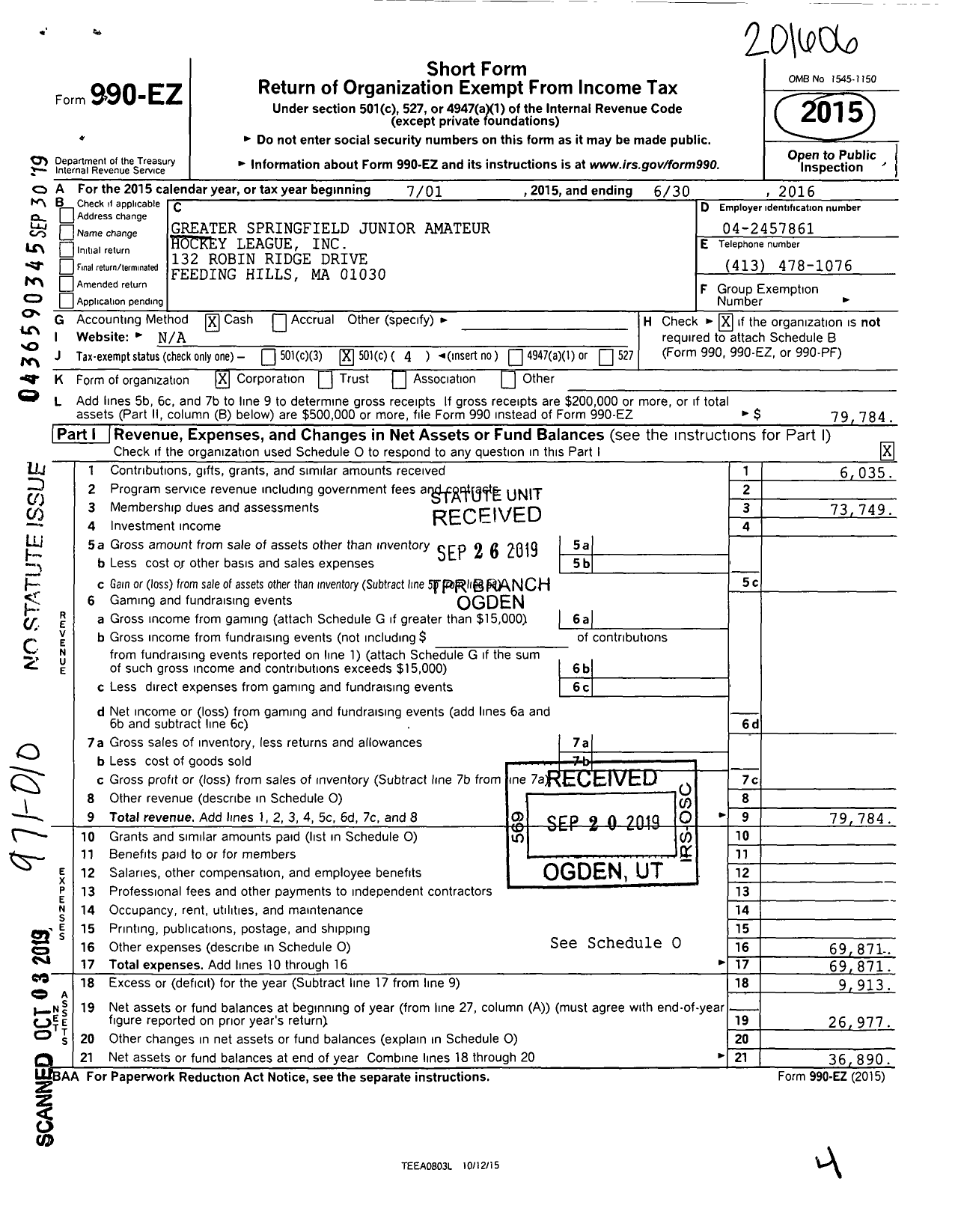 Image of first page of 2015 Form 990EOA for Greater Springfield Junior Amateur Hockey League