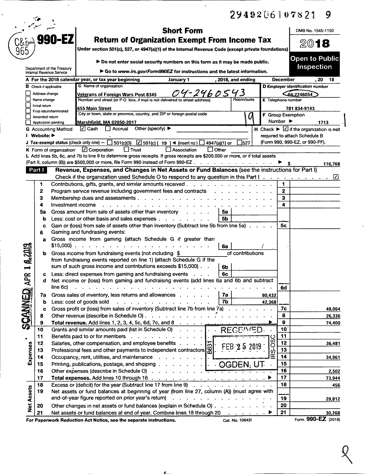 Image of first page of 2018 Form 990EO for VFW Department of Massachusetts - 8345 Daniel Webster Post