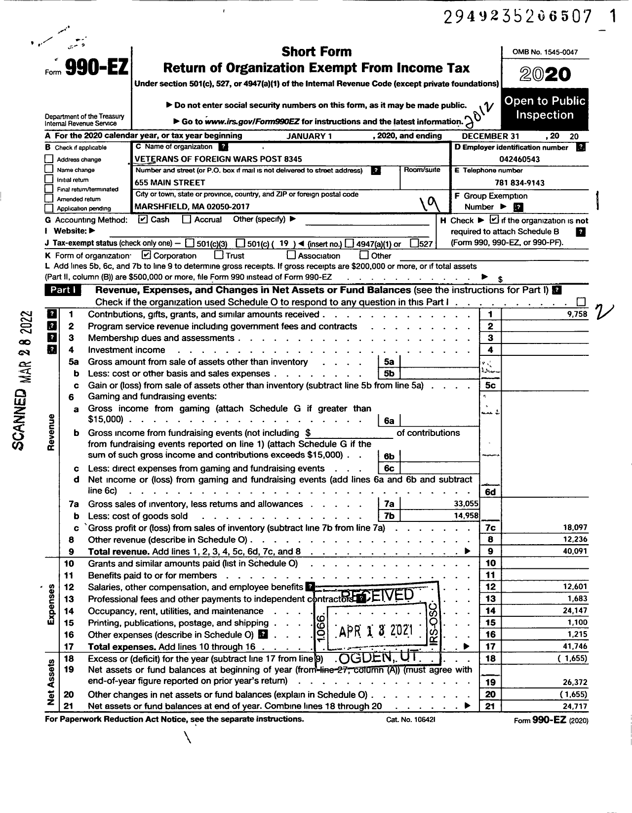 Image of first page of 2020 Form 990EO for VFW Department of Massachusetts - 8345 Daniel Webster Post