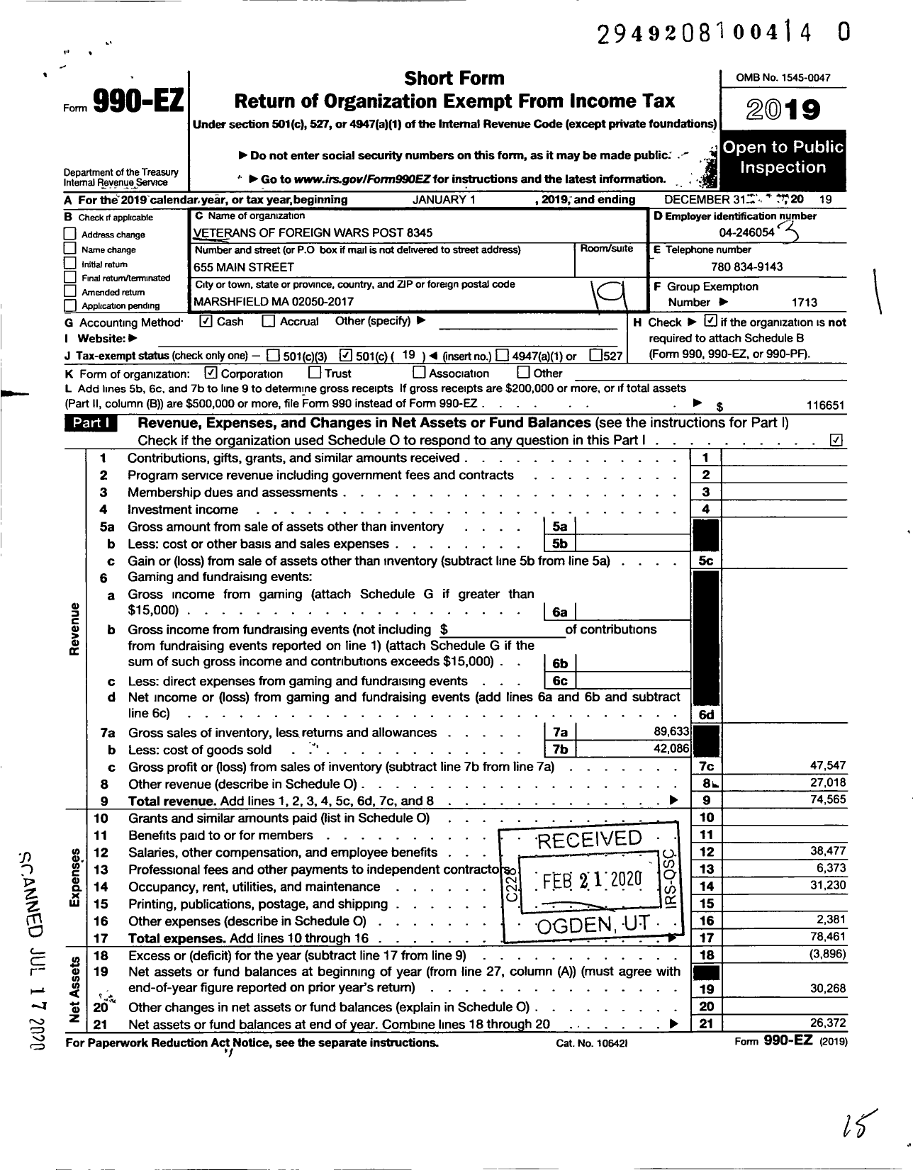 Image of first page of 2019 Form 990EO for VFW Department of Massachusetts - 8345 Daniel Webster Post