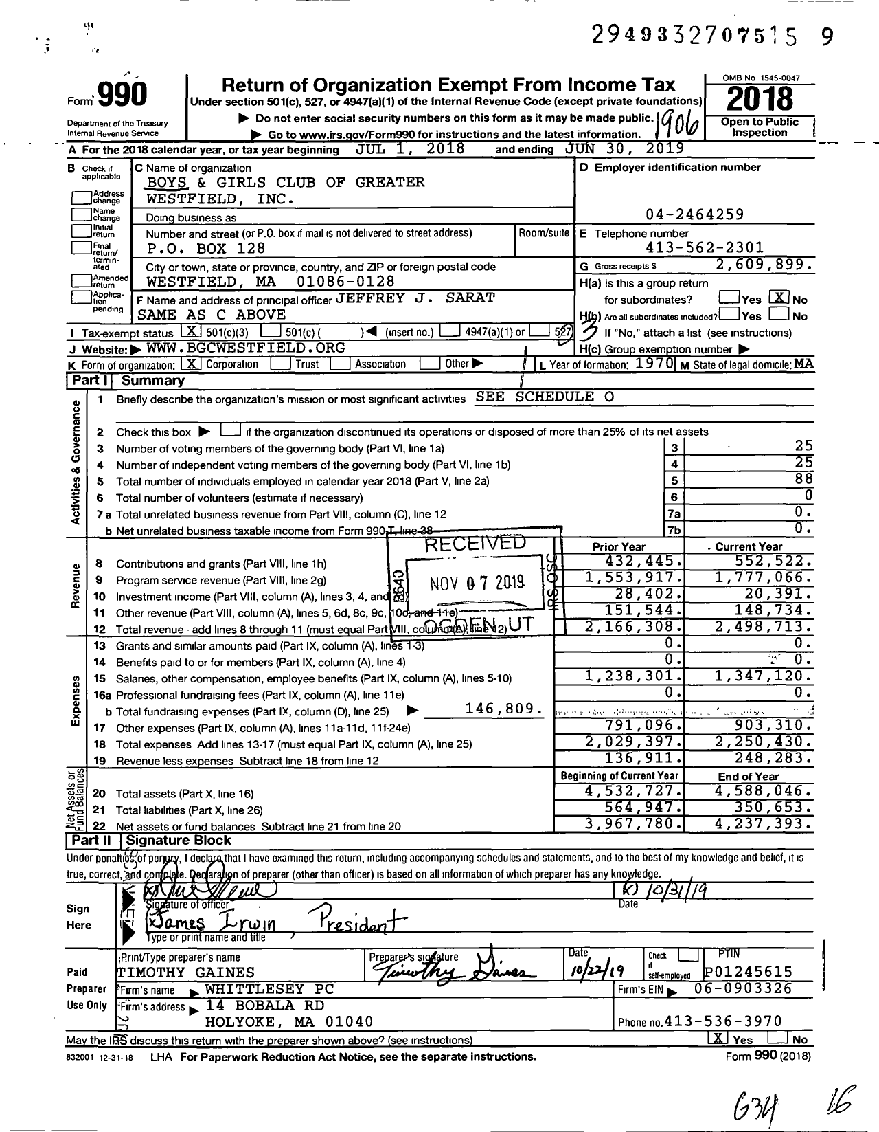 Image of first page of 2018 Form 990 for Boys and Girls Club of Greater Westfield