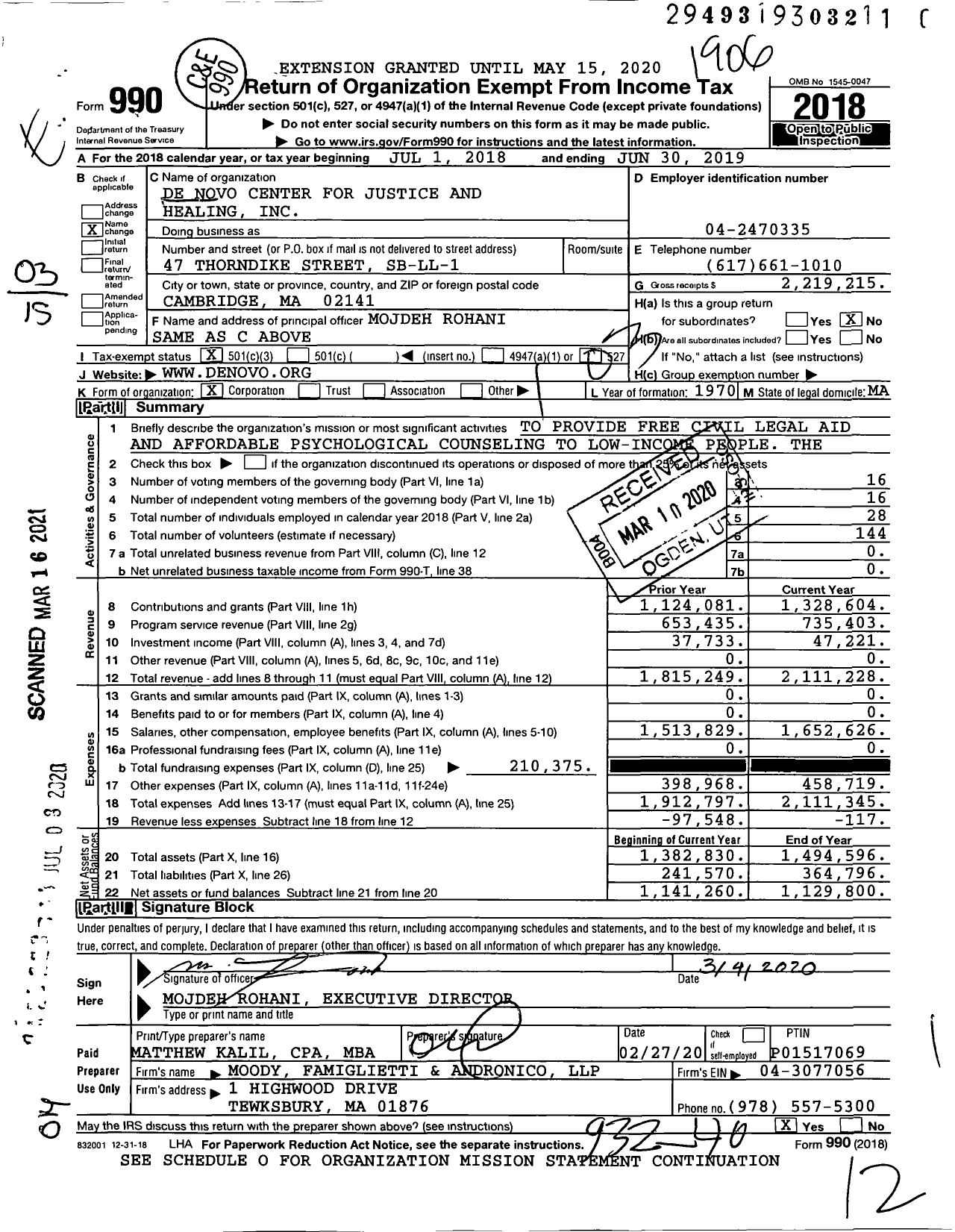 Image of first page of 2018 Form 990 for De Novo Center for Justice and Healing