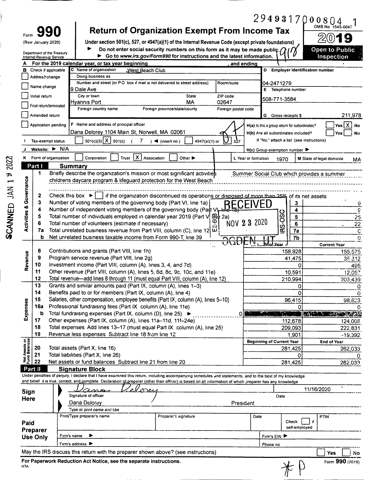 Image of first page of 2019 Form 990O for West Beach Club