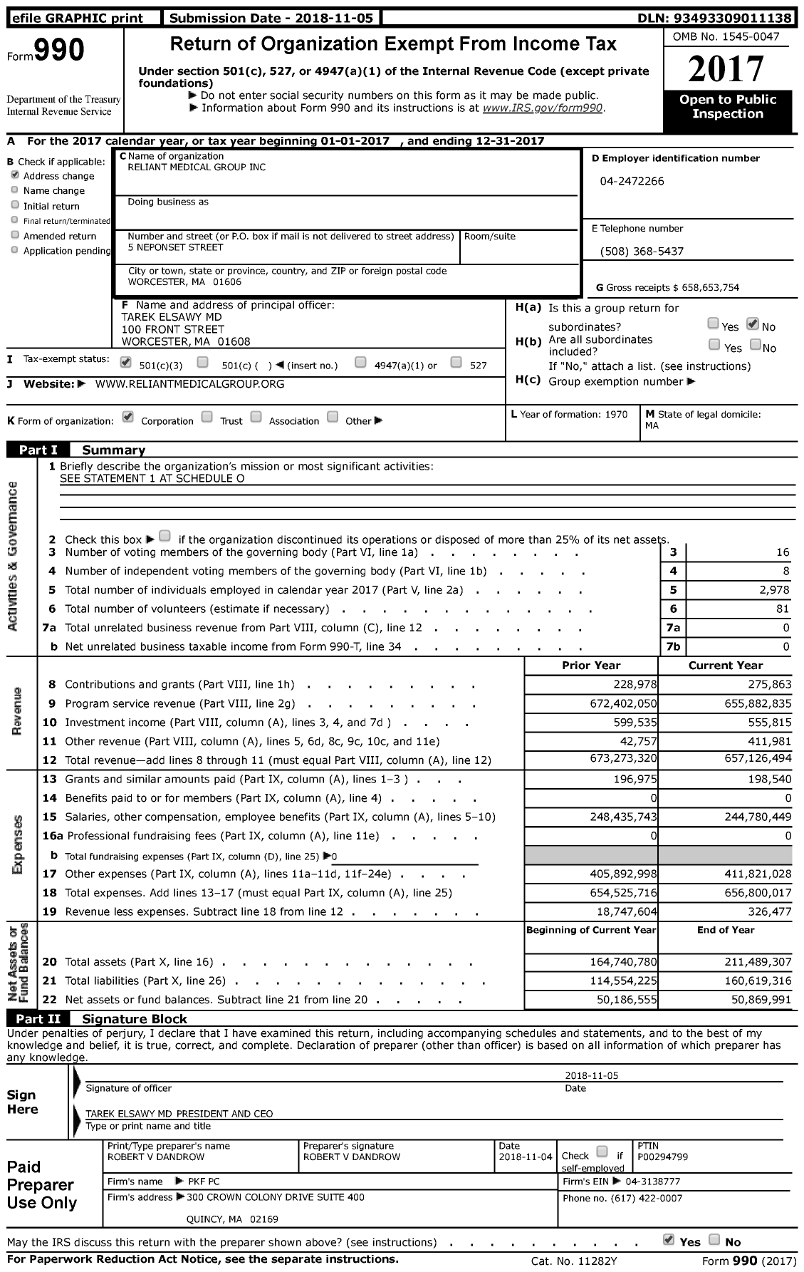 Image of first page of 2017 Form 990 for Reliant Medical Group