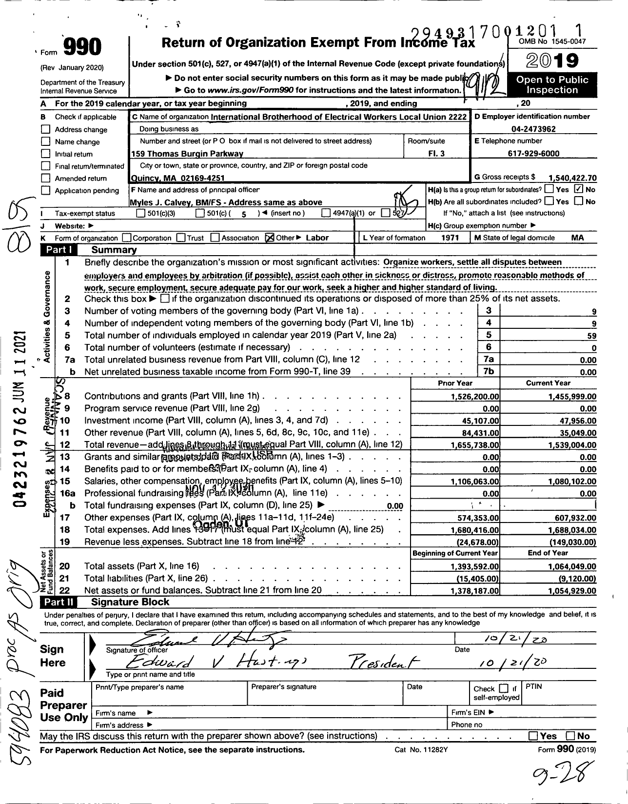 Image of first page of 2019 Form 990O for International Brotherhood of Electrical Workers - 2222 Local Union