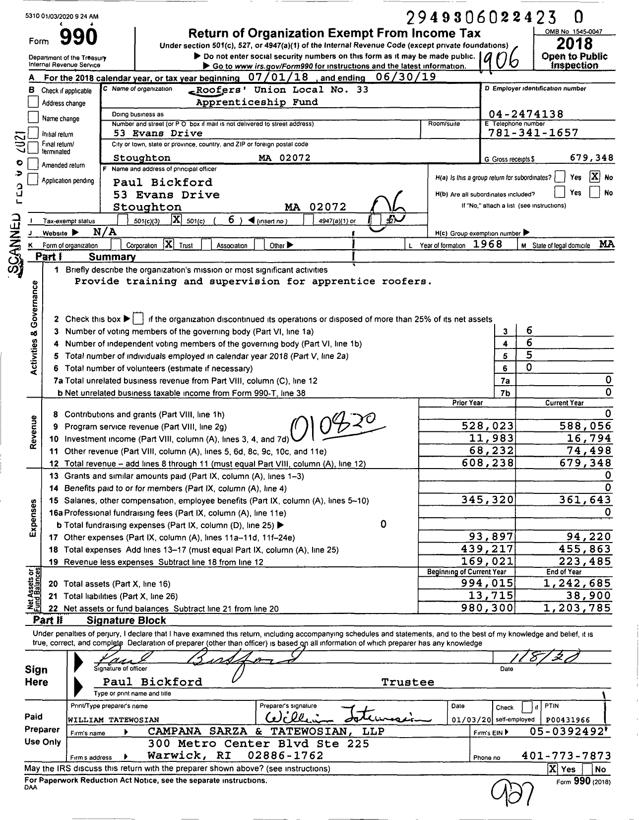 Image of first page of 2018 Form 990O for Roofers- Union Local No 33 Apprenticeship Fund