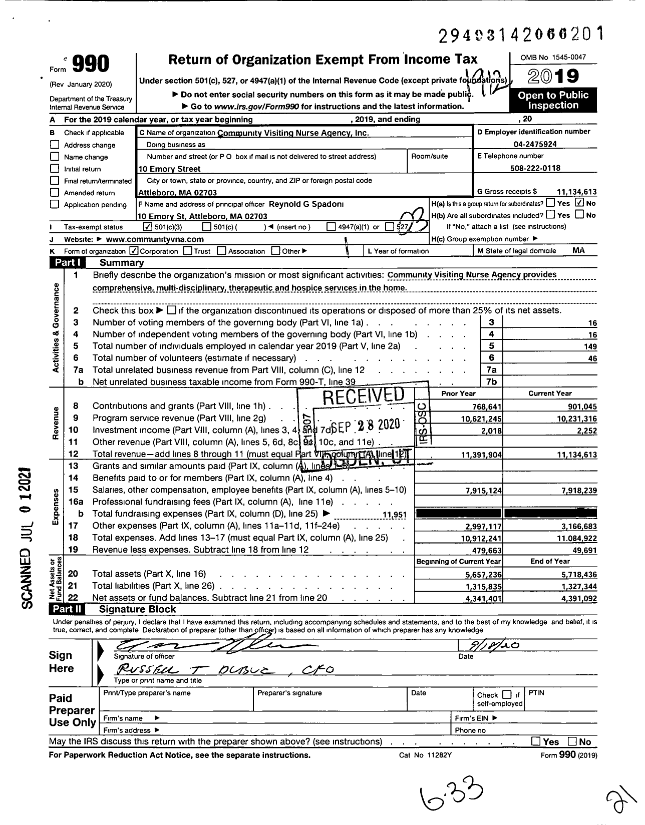 Image of first page of 2019 Form 990 for Hopehealth Community Vna