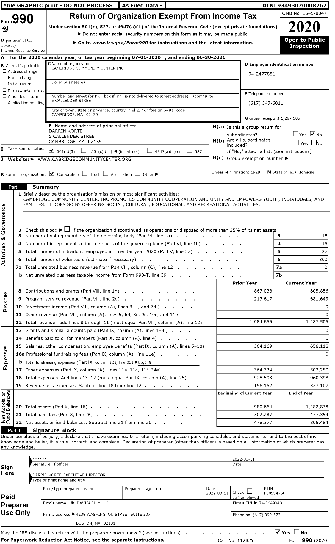 Image of first page of 2020 Form 990 for Cambridge Community Center