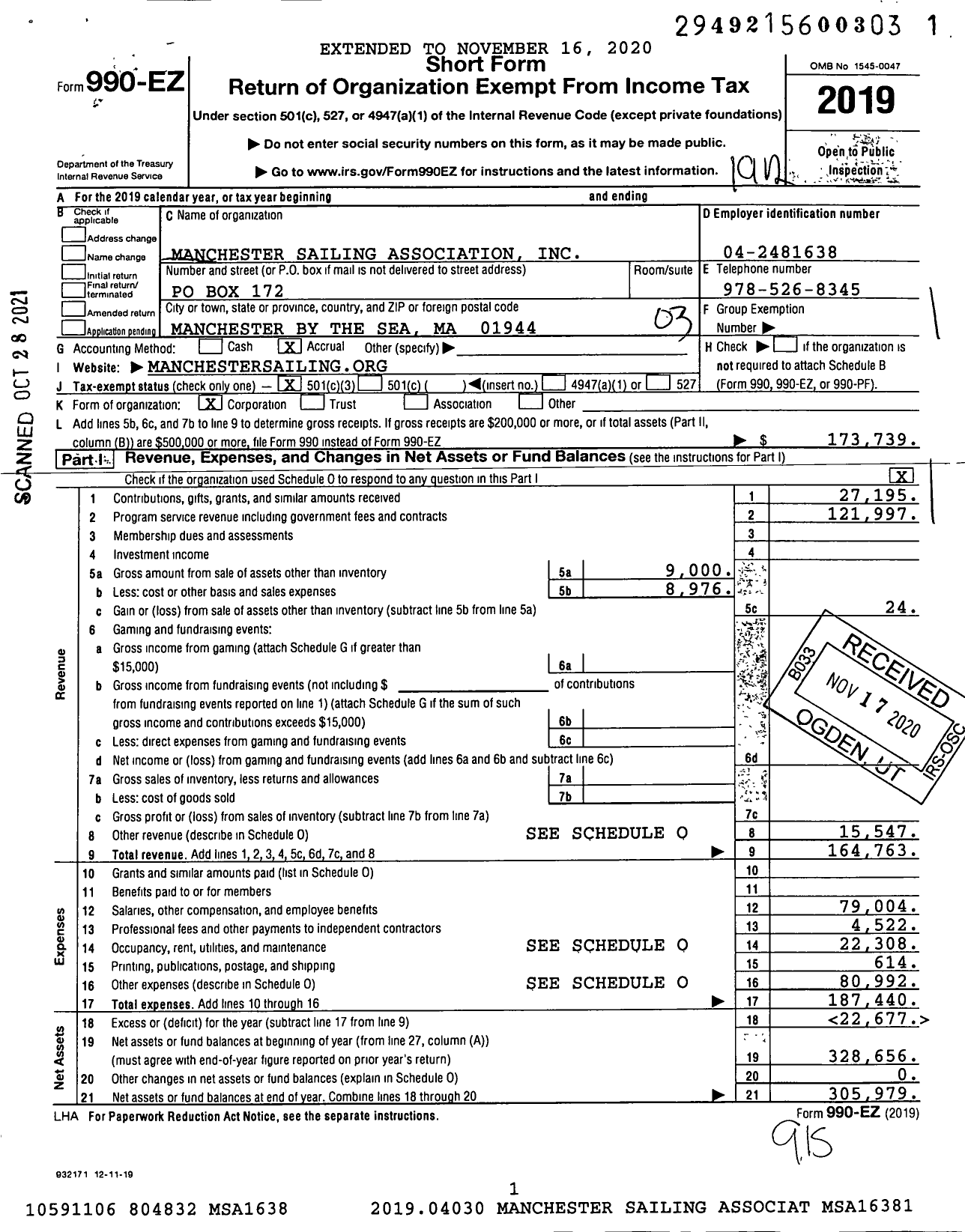 Image of first page of 2019 Form 990EZ for Manchester Sailing Association