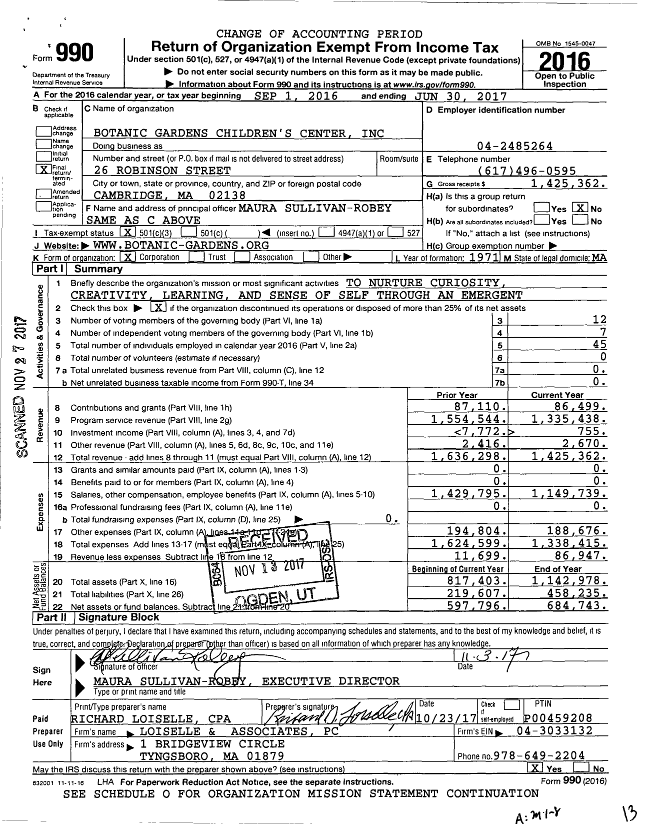 Image of first page of 2016 Form 990 for Botanic Gardens Children's Center