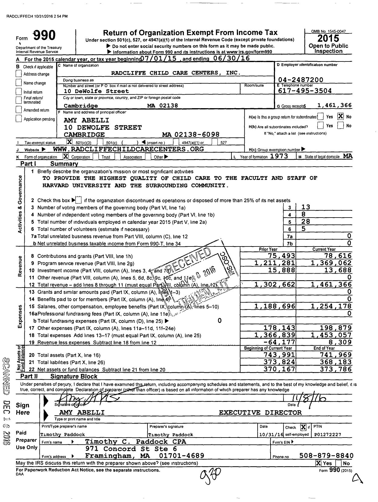 Image of first page of 2015 Form 990 for Radcliffe Child Care Centers