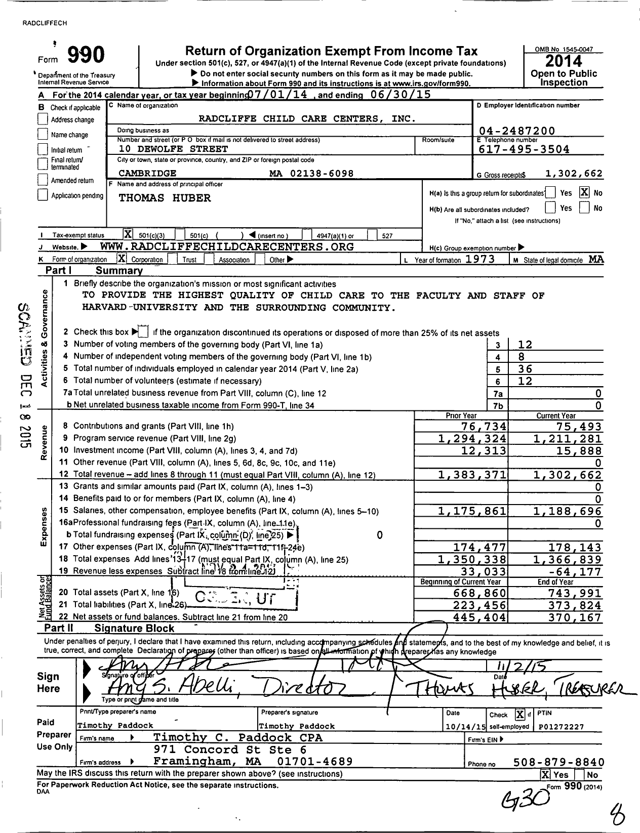 Image of first page of 2014 Form 990 for Radcliffe Child Care Centers