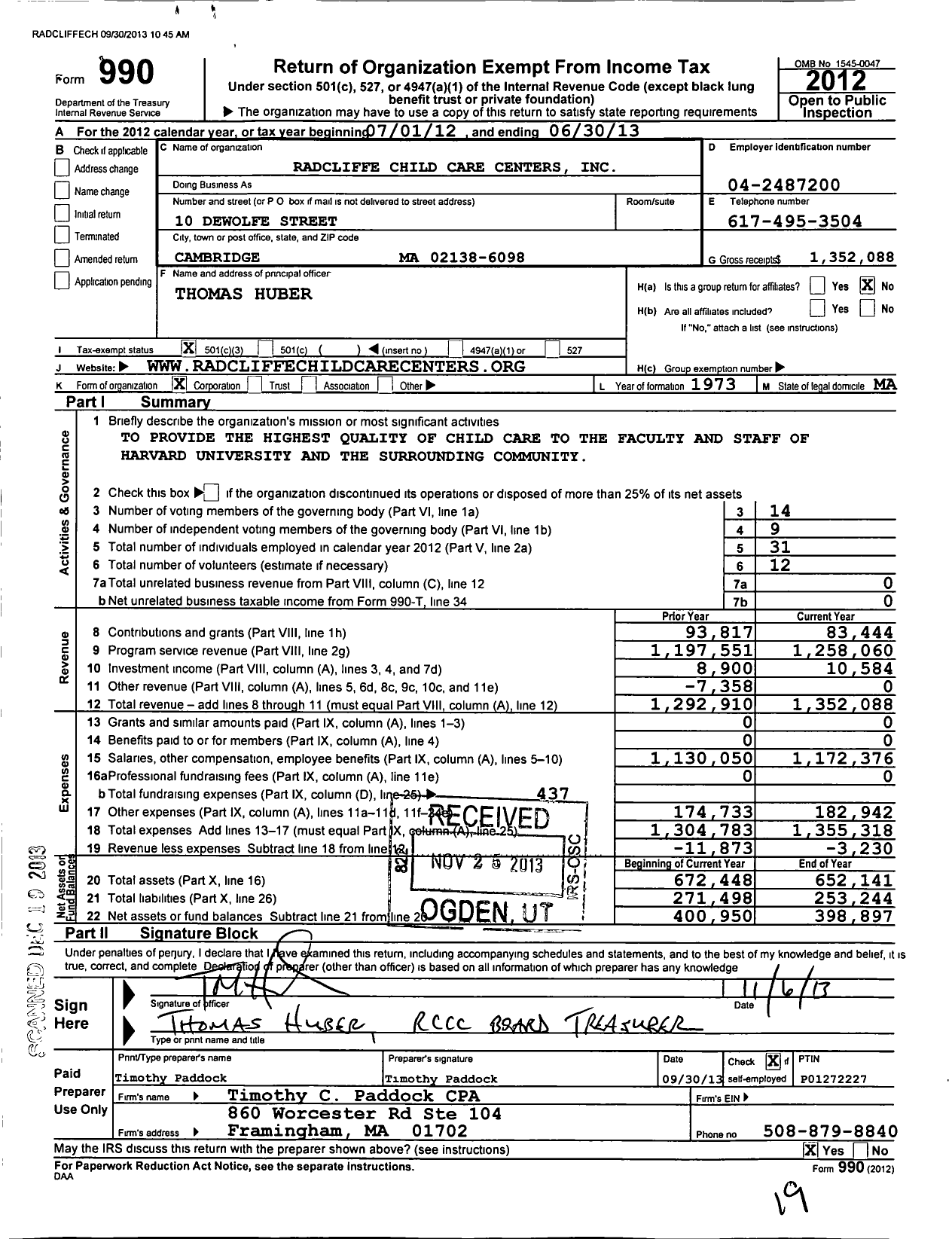 Image of first page of 2012 Form 990 for Radcliffe Child Care Centers