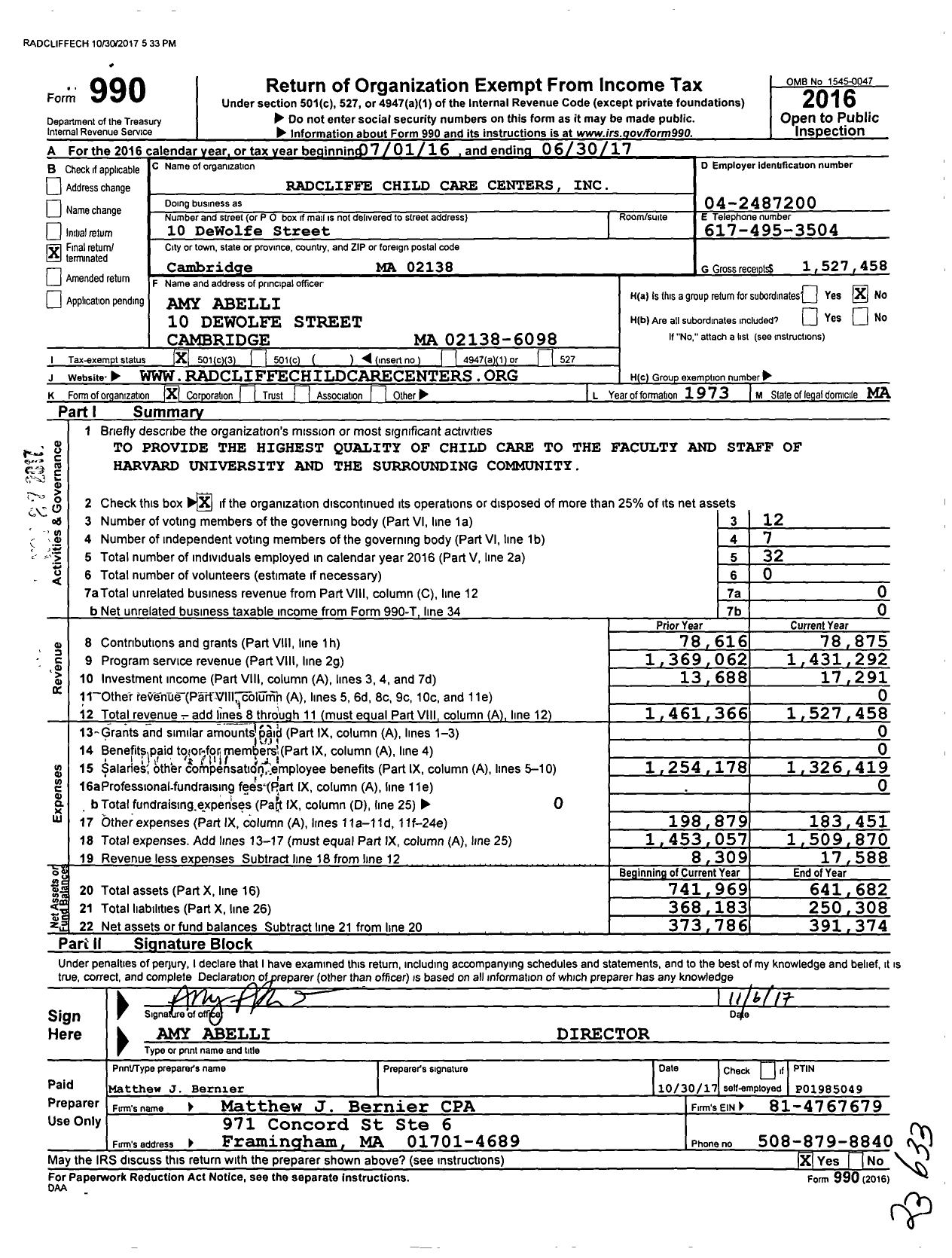 Image of first page of 2016 Form 990 for Radcliffe Child Care Centers