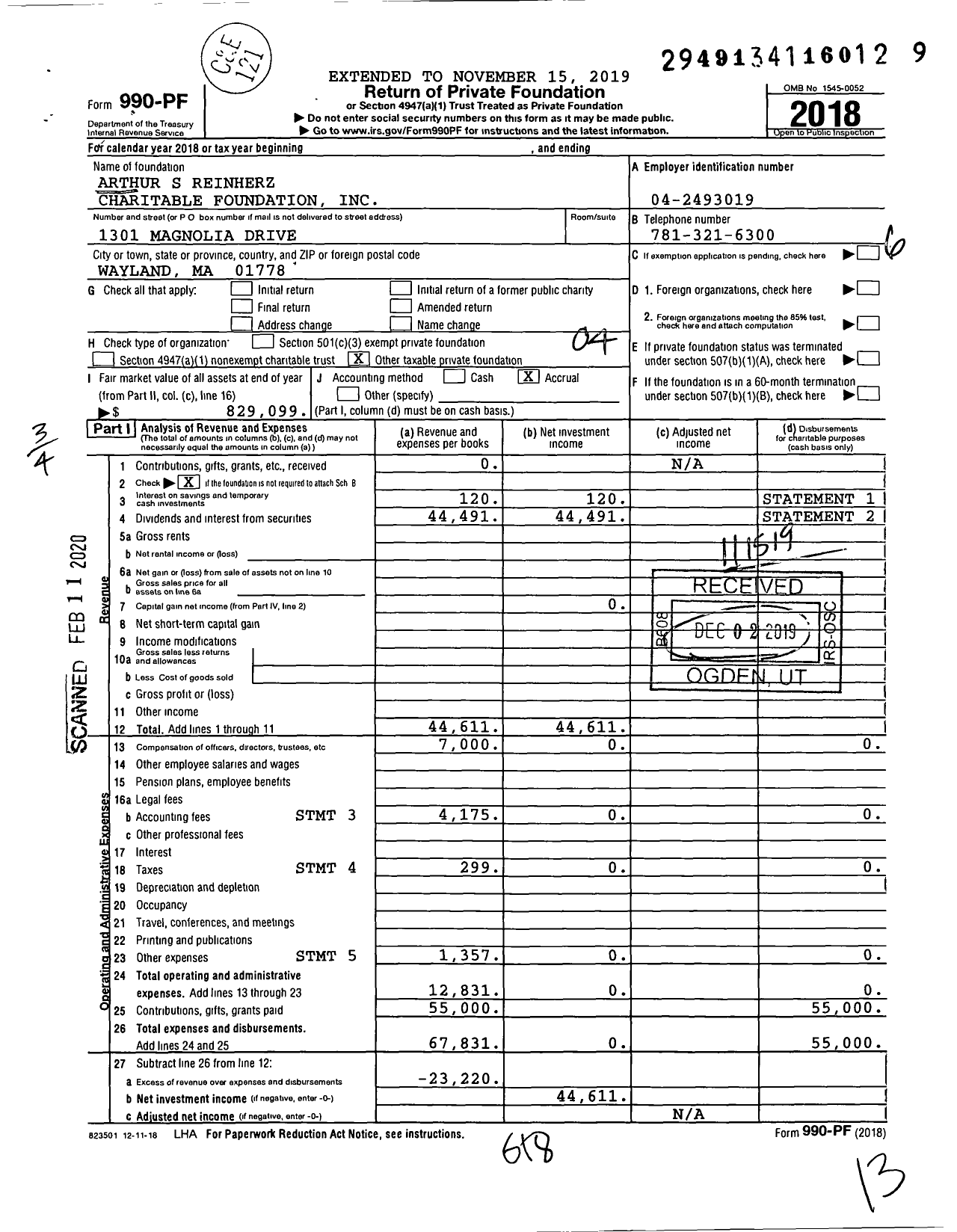 Image of first page of 2018 Form 990PF for Arthur S Reinherz Charitable Foundation
