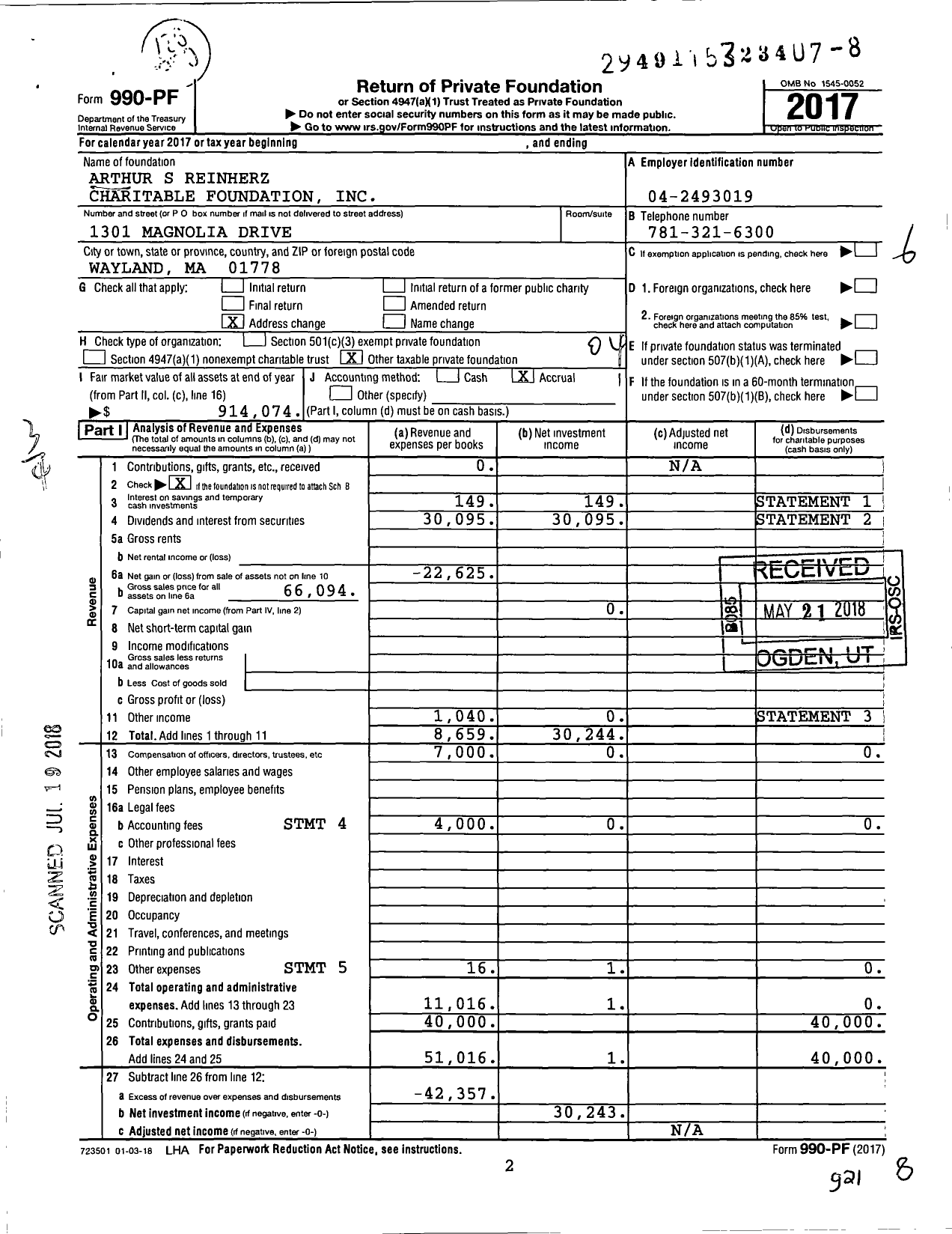 Image of first page of 2017 Form 990PF for Arthur S Reinherz Charitable Foundation