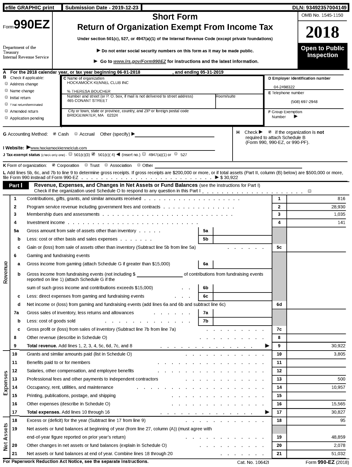 Image of first page of 2018 Form 990EZ for Hockamock Kennel Club