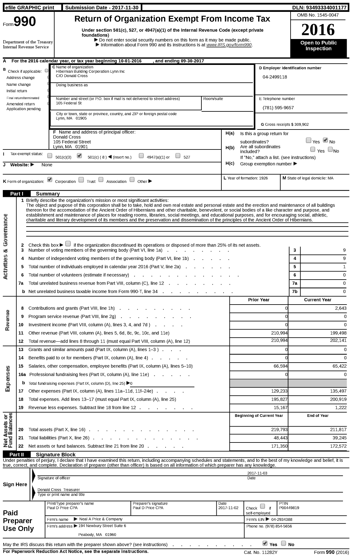 Image of first page of 2016 Form 990 for Hibernian Building Corporation Lynn