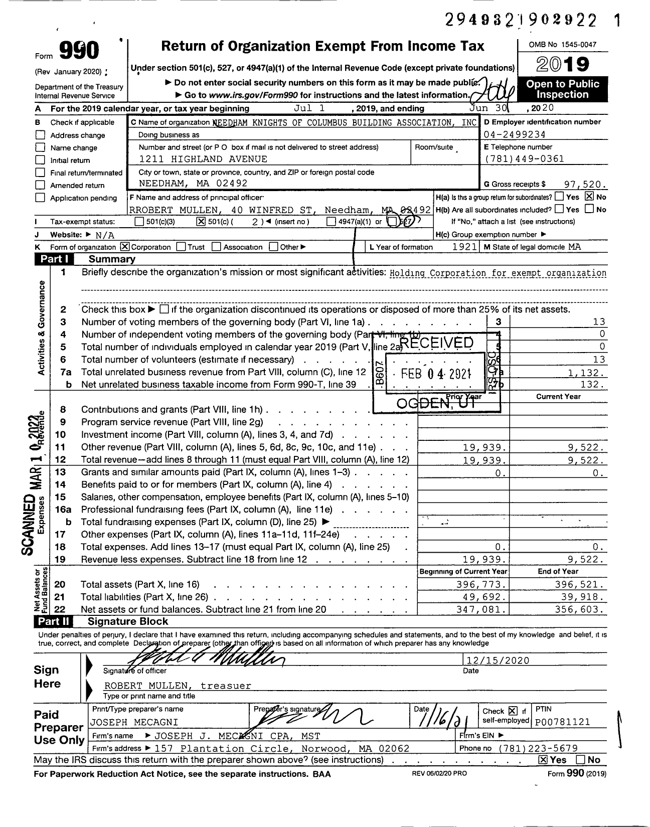 Image of first page of 2019 Form 990O for Needham Knights of Columbus Building Association