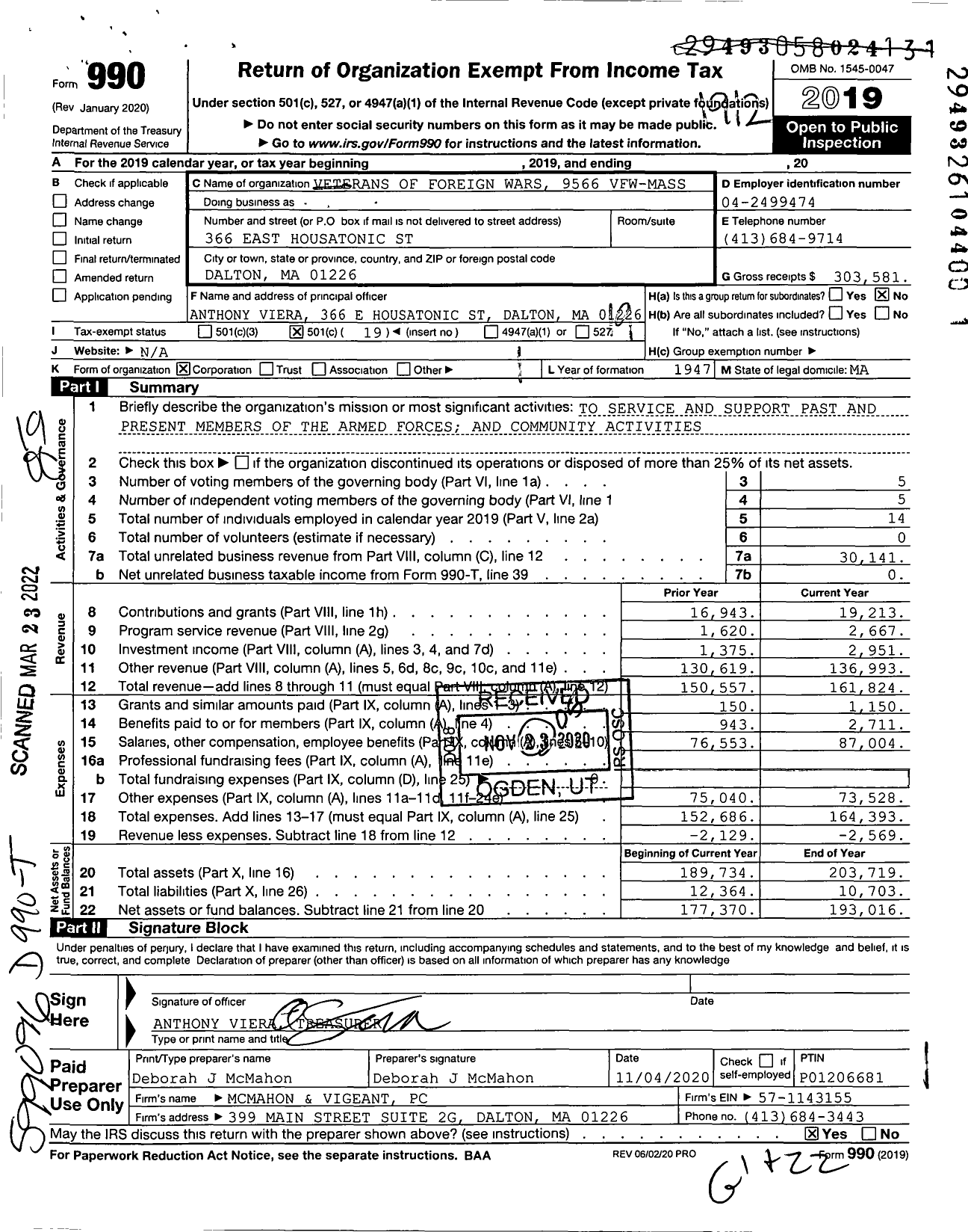 Image of first page of 2019 Form 990O for VFW Department of Massachusetts - 9566 Vfw-Mass