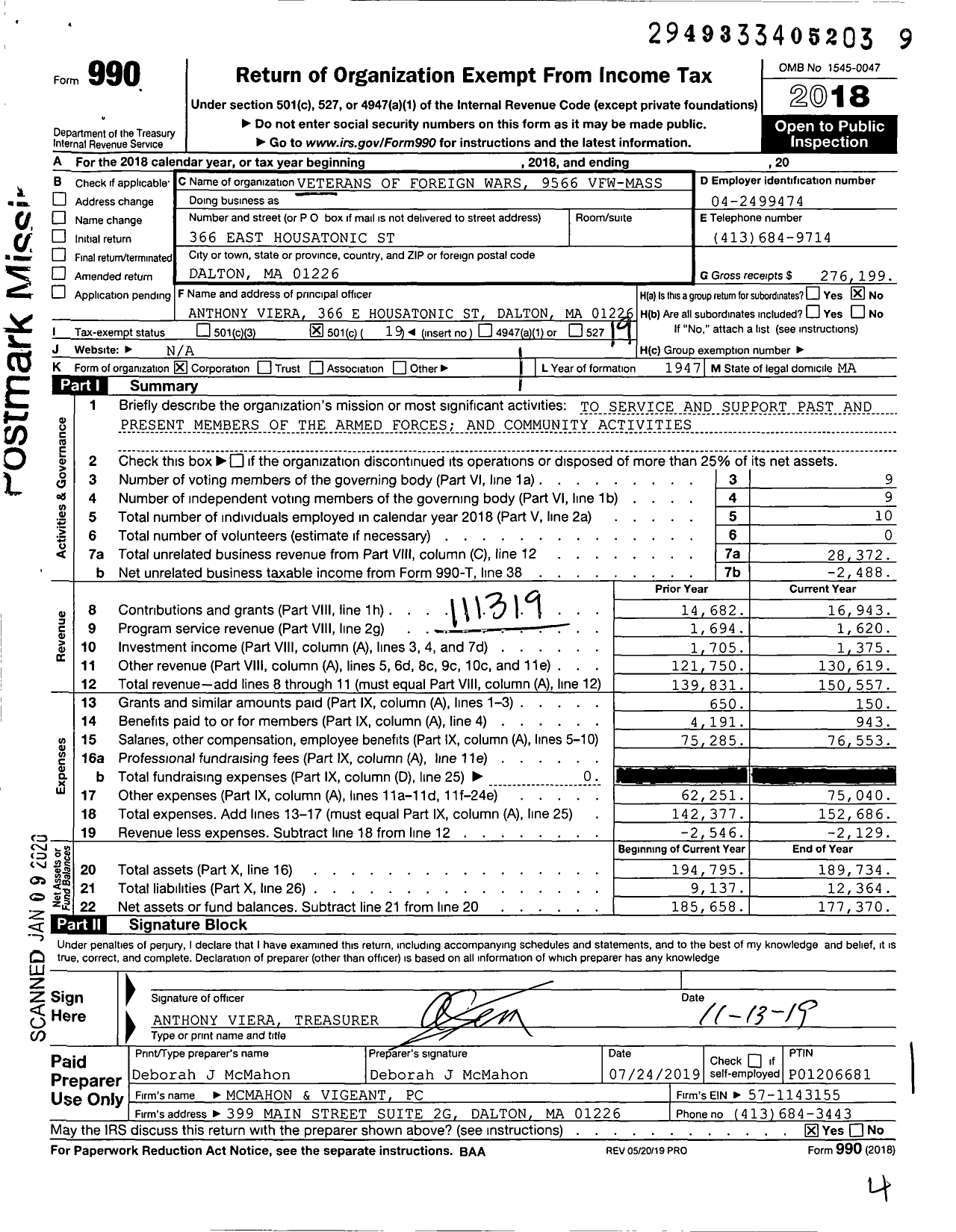 Image of first page of 2018 Form 990O for VFW Department of Massachusetts - 9566 Vfw-Mass