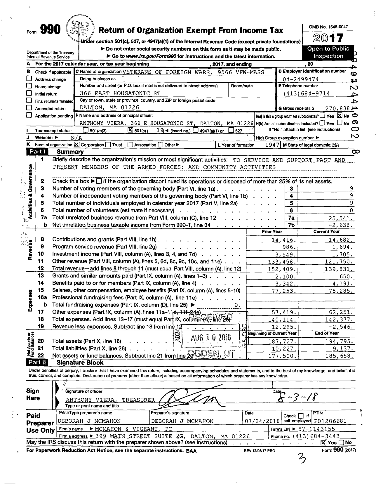 Image of first page of 2017 Form 990O for VFW Department of Massachusetts - 9566 Vfw-Mass