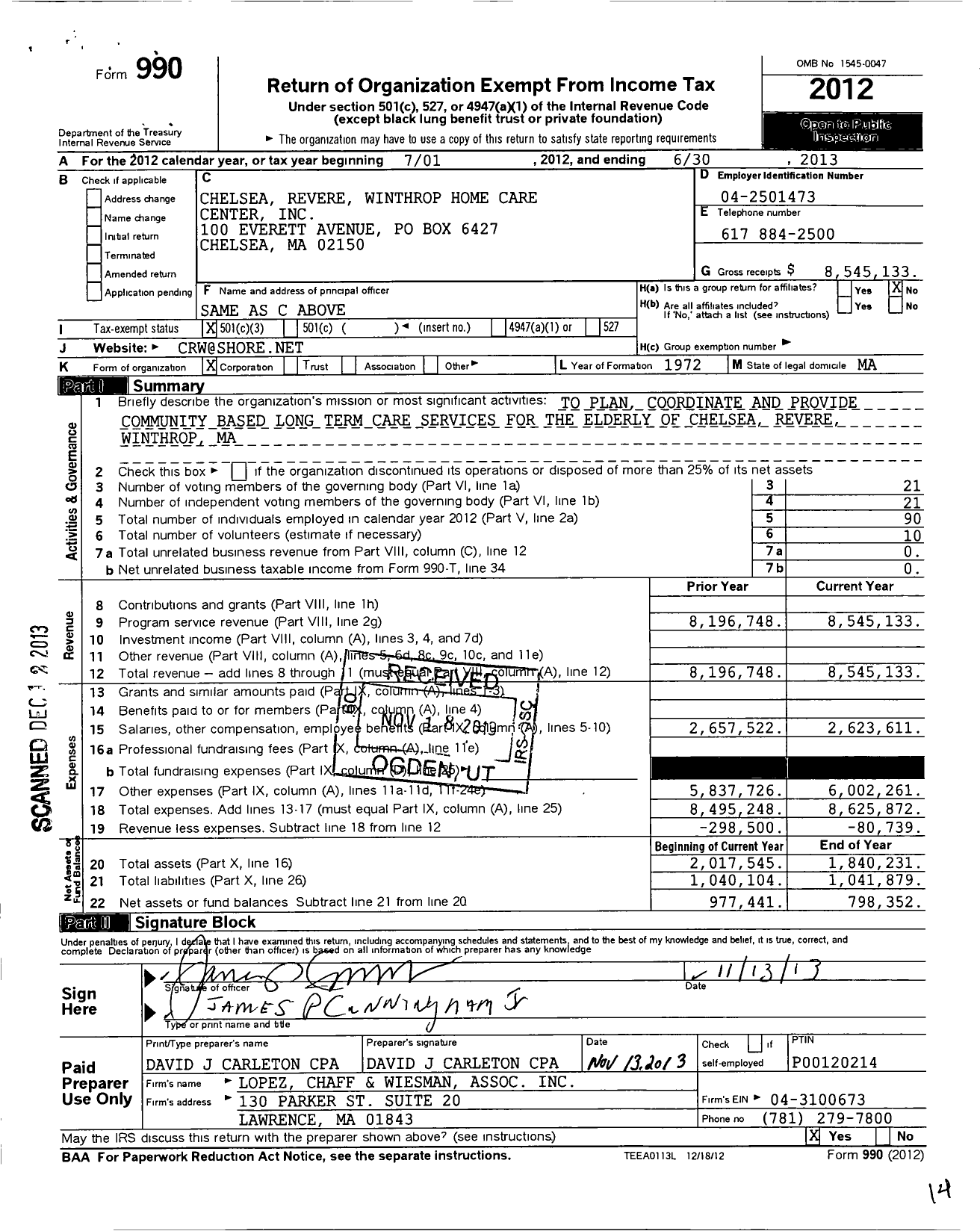 Image of first page of 2012 Form 990 for Chelsea Revere Winthrop Home Care Center