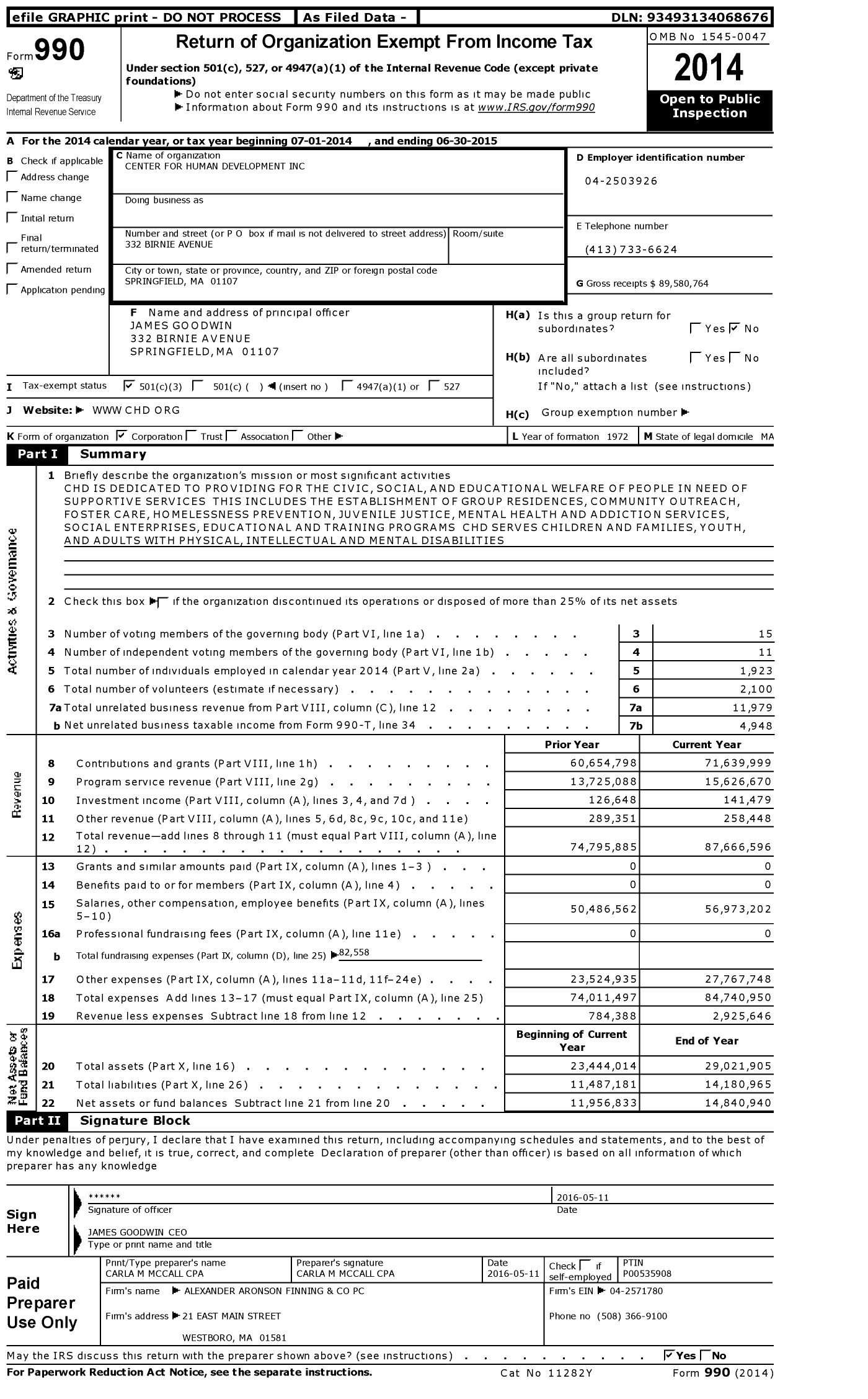 Image of first page of 2014 Form 990 for Center for Human Development (CHD)