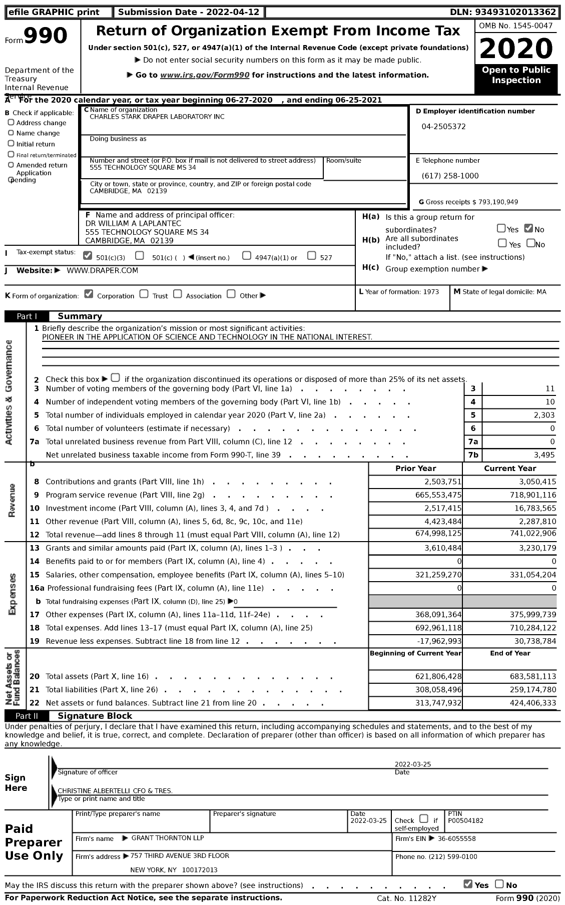 Image of first page of 2020 Form 990 for Charles Stark Draper Laboratory