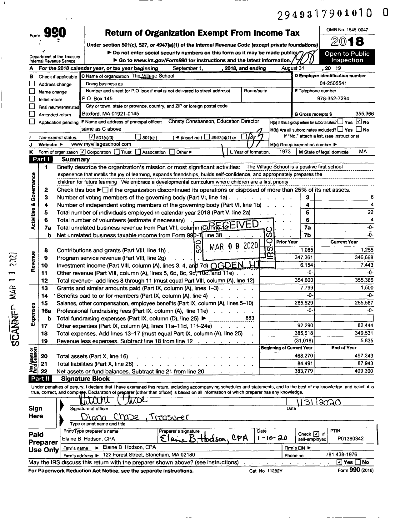 Image of first page of 2018 Form 990 for The Village School