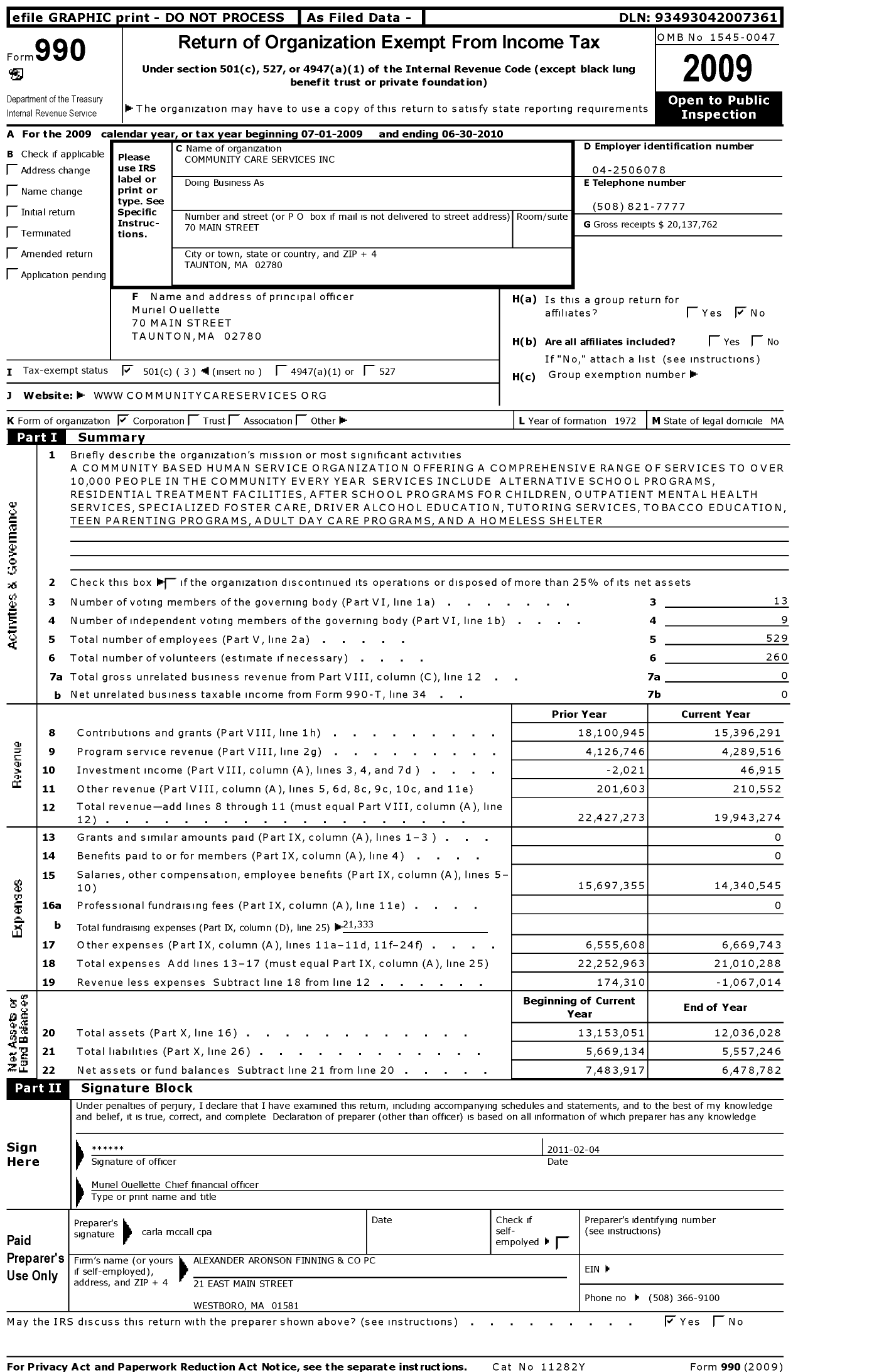 Image of first page of 2009 Form 990 for Community Care Services
