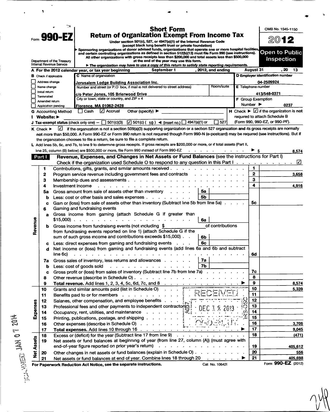 Image of first page of 2012 Form 990EO for Massachusetts Freemasons - Jerusalem Lodge Bldg Assoc