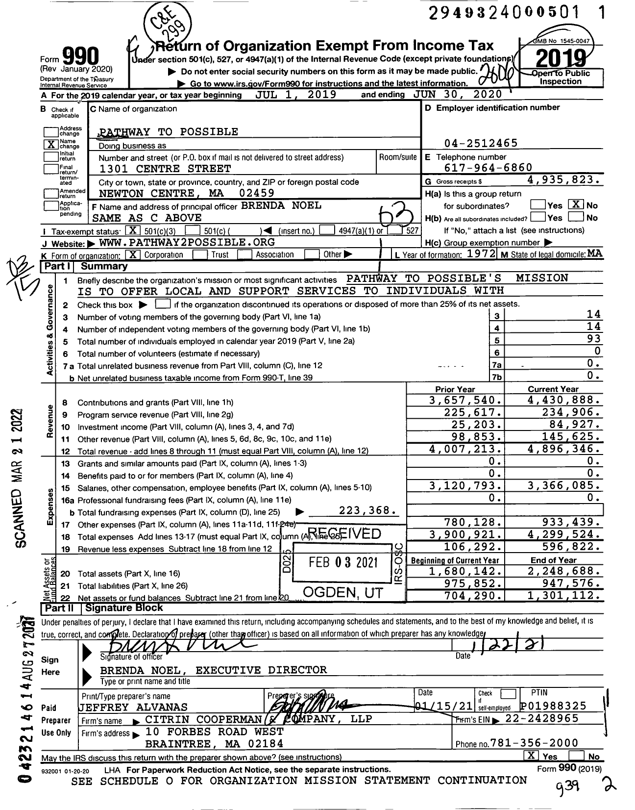 Image of first page of 2019 Form 990 for Pathway To Possible (NWW)