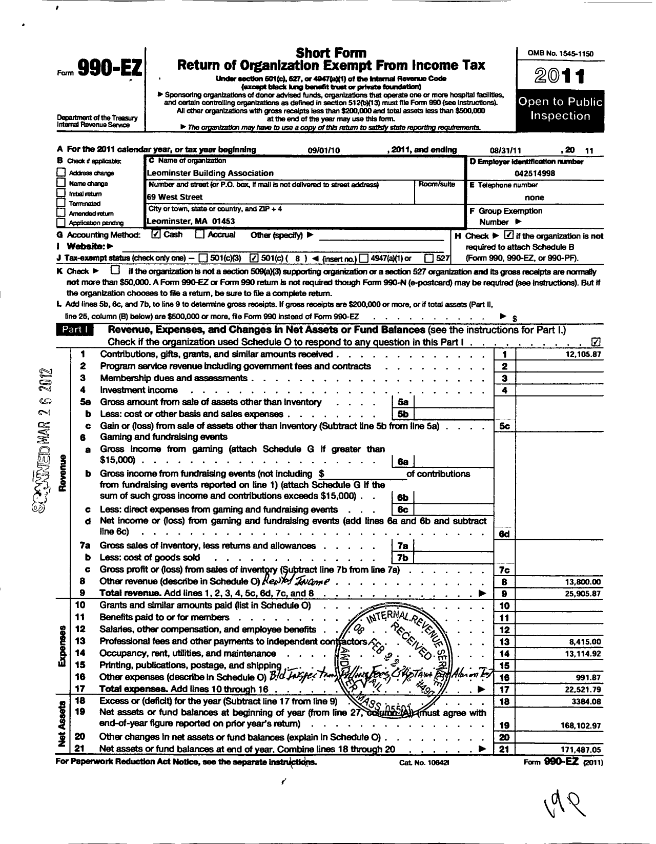 Image of first page of 2010 Form 990O for Massachusetts Freemasons - Leominster Building Association